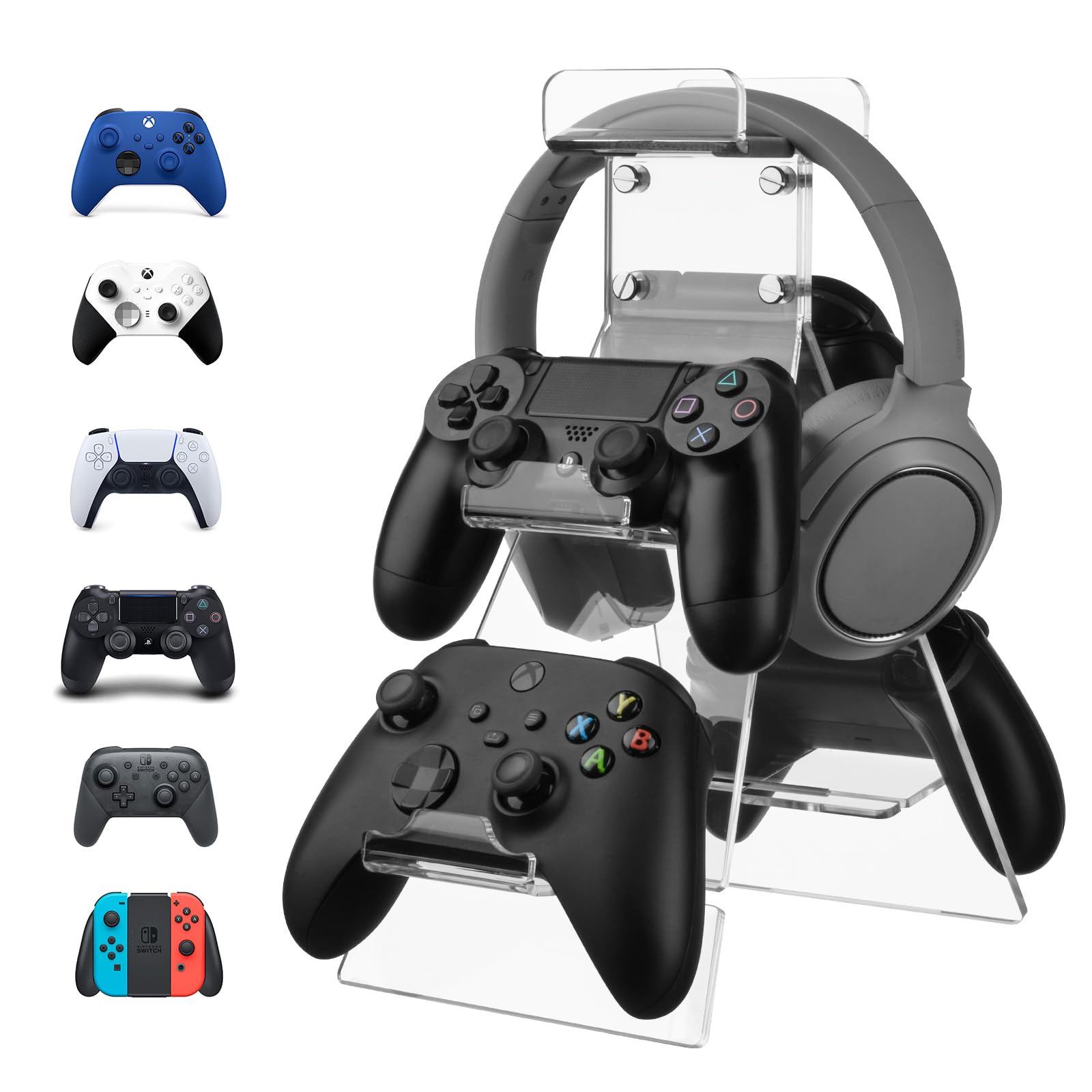 Universal Acrylic Game Controller Stand with Headphone Holder for Xbox PS5 Switch - Desk Gaming Setup