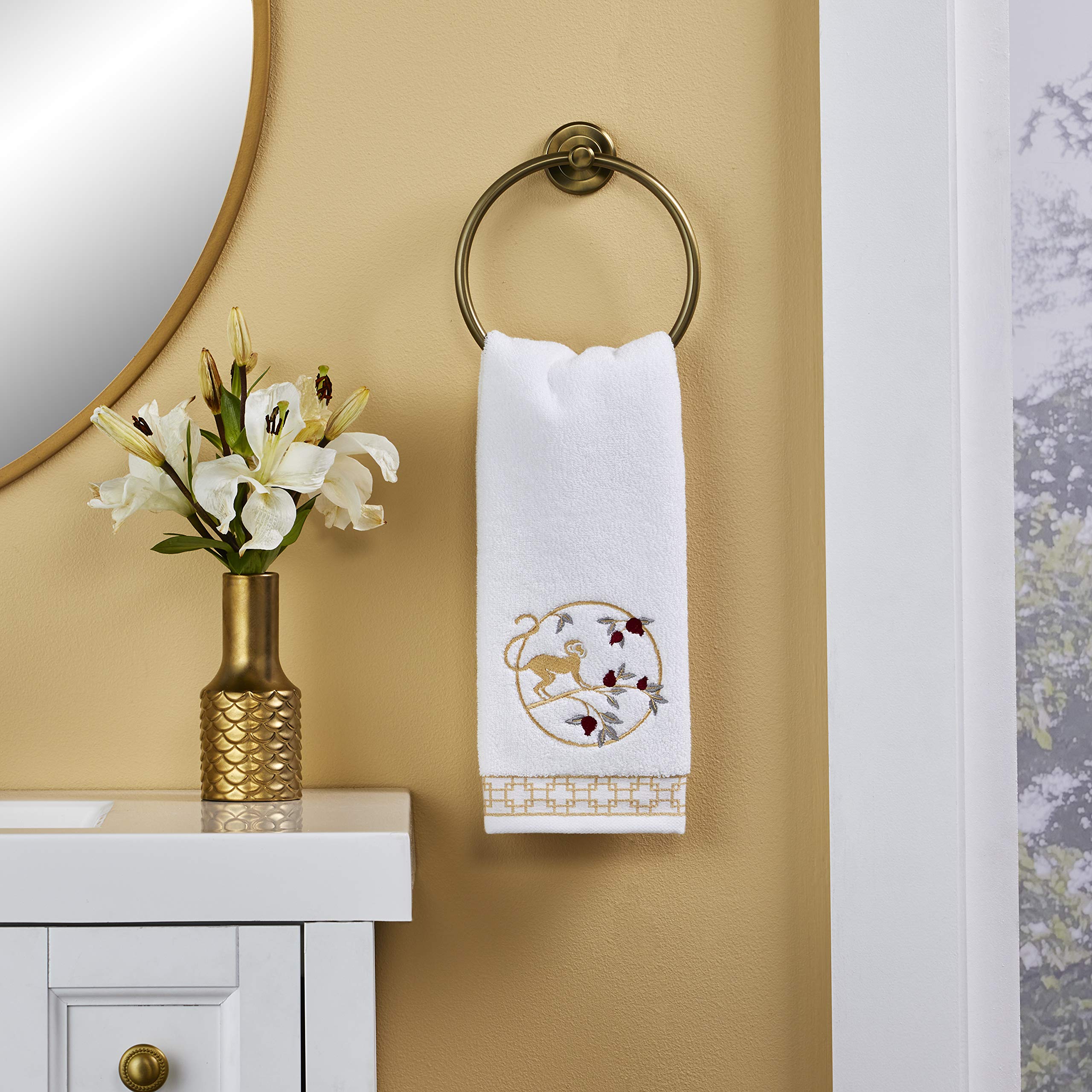 SKL Home Vern Yip Zodiac Monkey Hand Towel Set - 2-Piece White Cotton Bath Towels for Kitchen & Bathroom Decor, Perfect Gift for Chinese New Year & Home Accessories