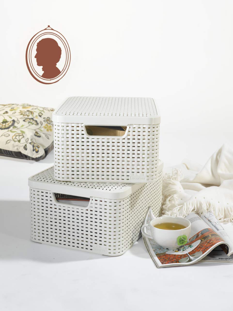 CURVER 3-Piece Style S Storage Box Set with Lids - White Plastic Organizer Bins for Home, Office & Closet Organization