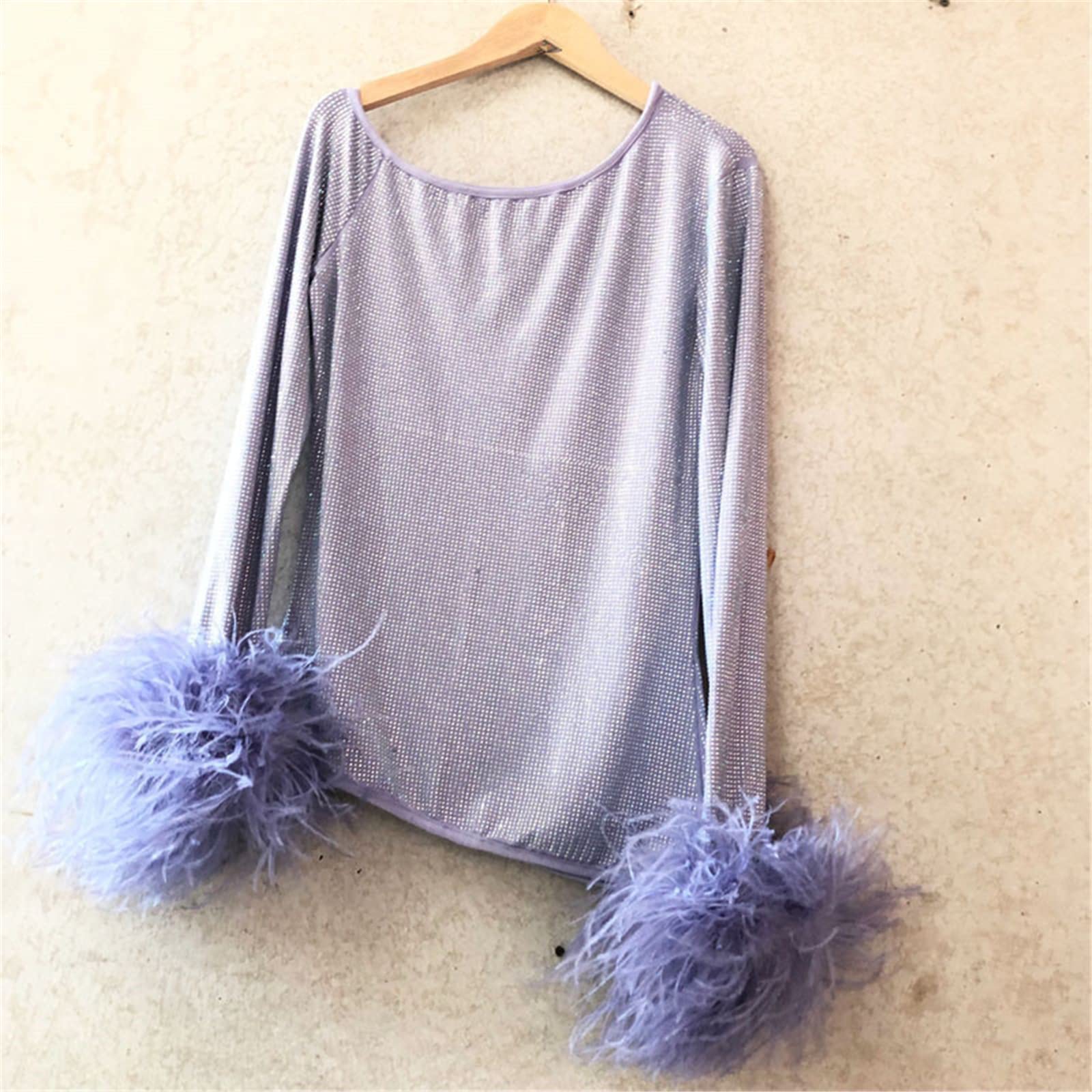 CE-11 Women's Shiny Sheer Mesh Top with Real Ostrich Feather Cuffs & Rhinestone Crystal Details - Long Sleeve Asymmetrical Sexy Shirt Dress (XXL, Purple) | Perfect for Nightclub Outfits, Party Wear, and Special Occasions