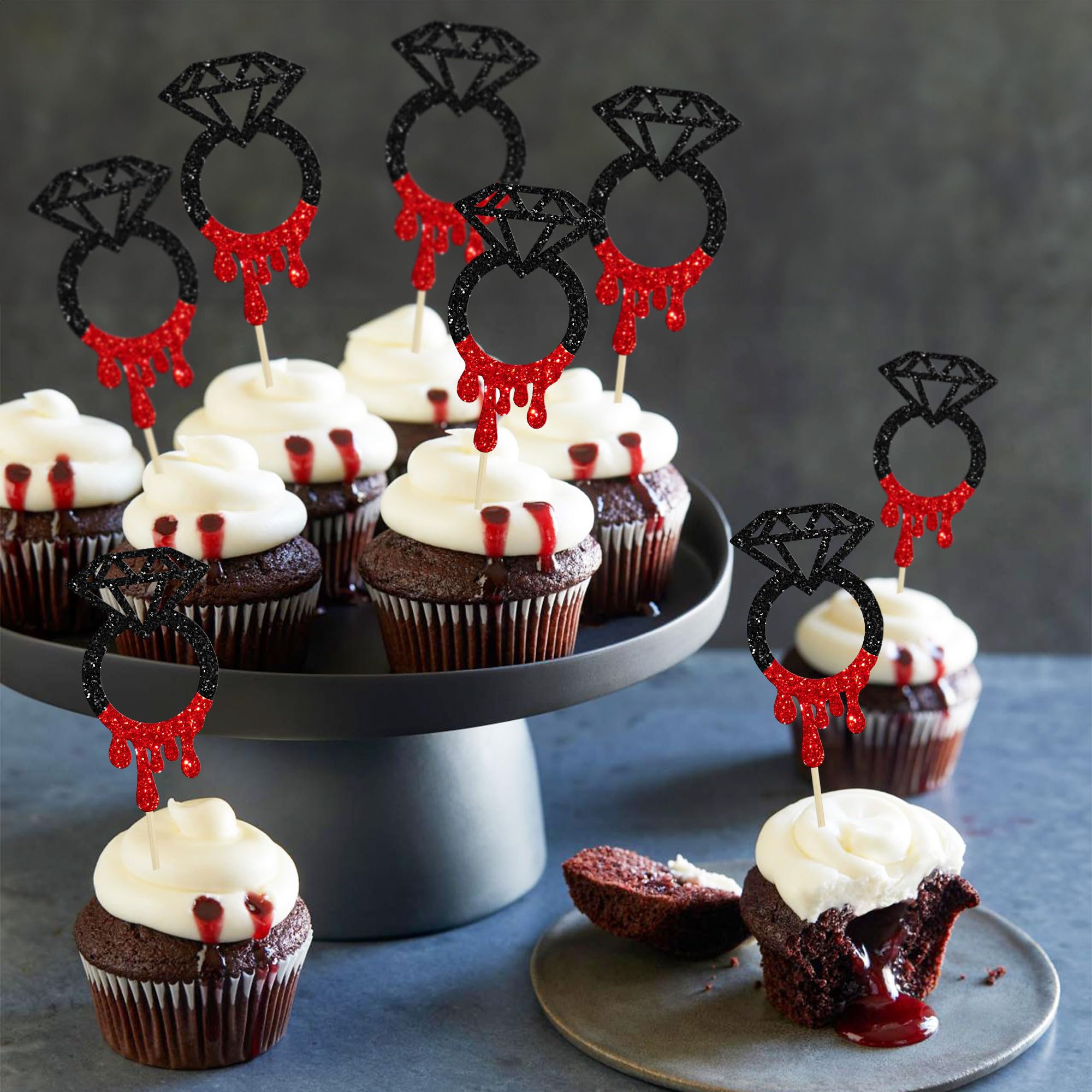 24Pcs Scary Halloween Cupcake Toppers - Horror Blood Diamond Ring Decorations for Gothic Bachelorette Party, Spooky Bridal Shower & Wedding - Perfect for Halloween, Birthday & Themed Events