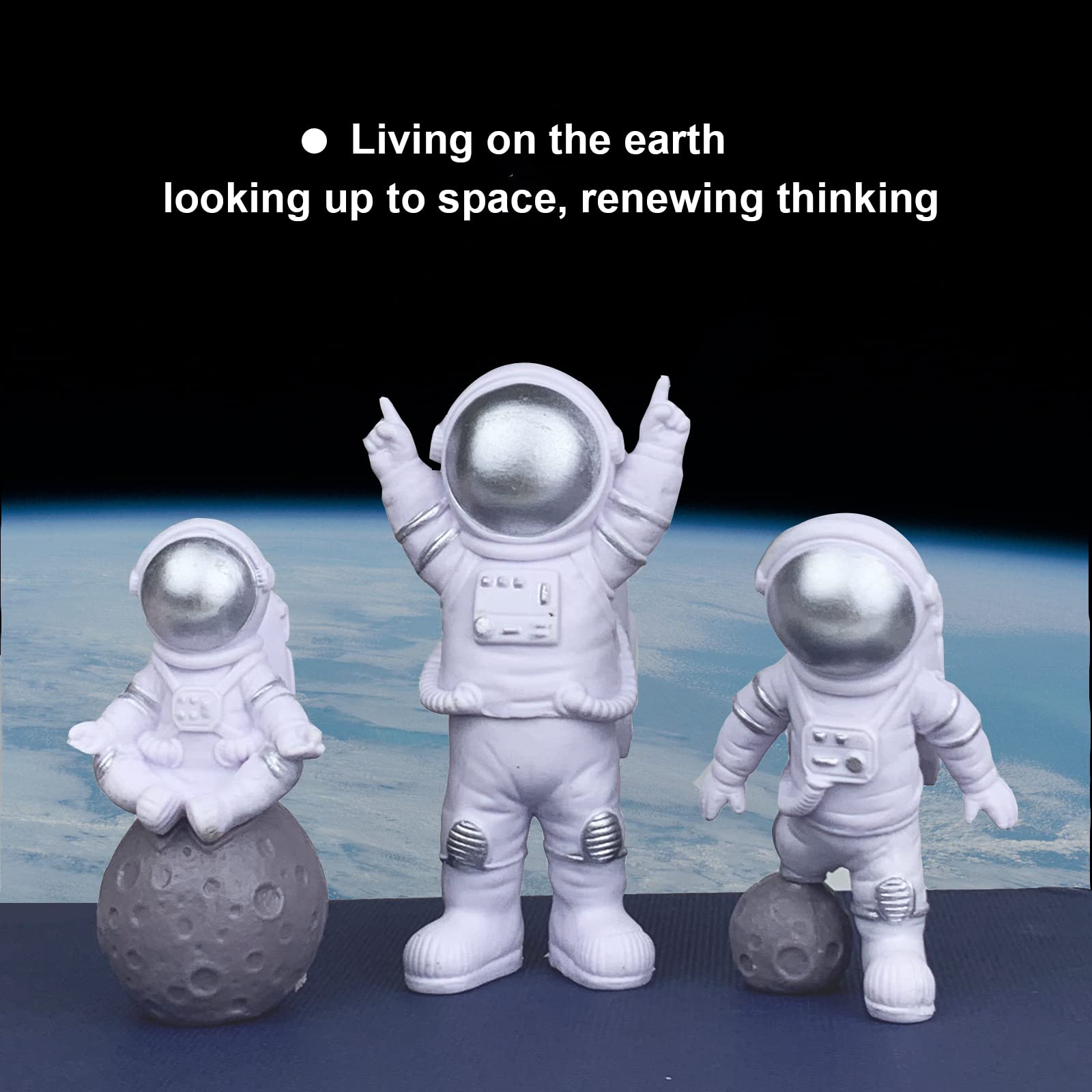 4 PCS Astronaut Figurines - Silver Spaceman Cake Toppers, Resin Astronaut Decorations for Outer Space Themed Birthday Parties, Kids Room Decor & Desktop Ornaments - Includes 3 Astronaut Figures & 1 Keychain - Perfect for Space-Themed Cakes, Cupcakes, Gift Giving & Sci-Fi Decor