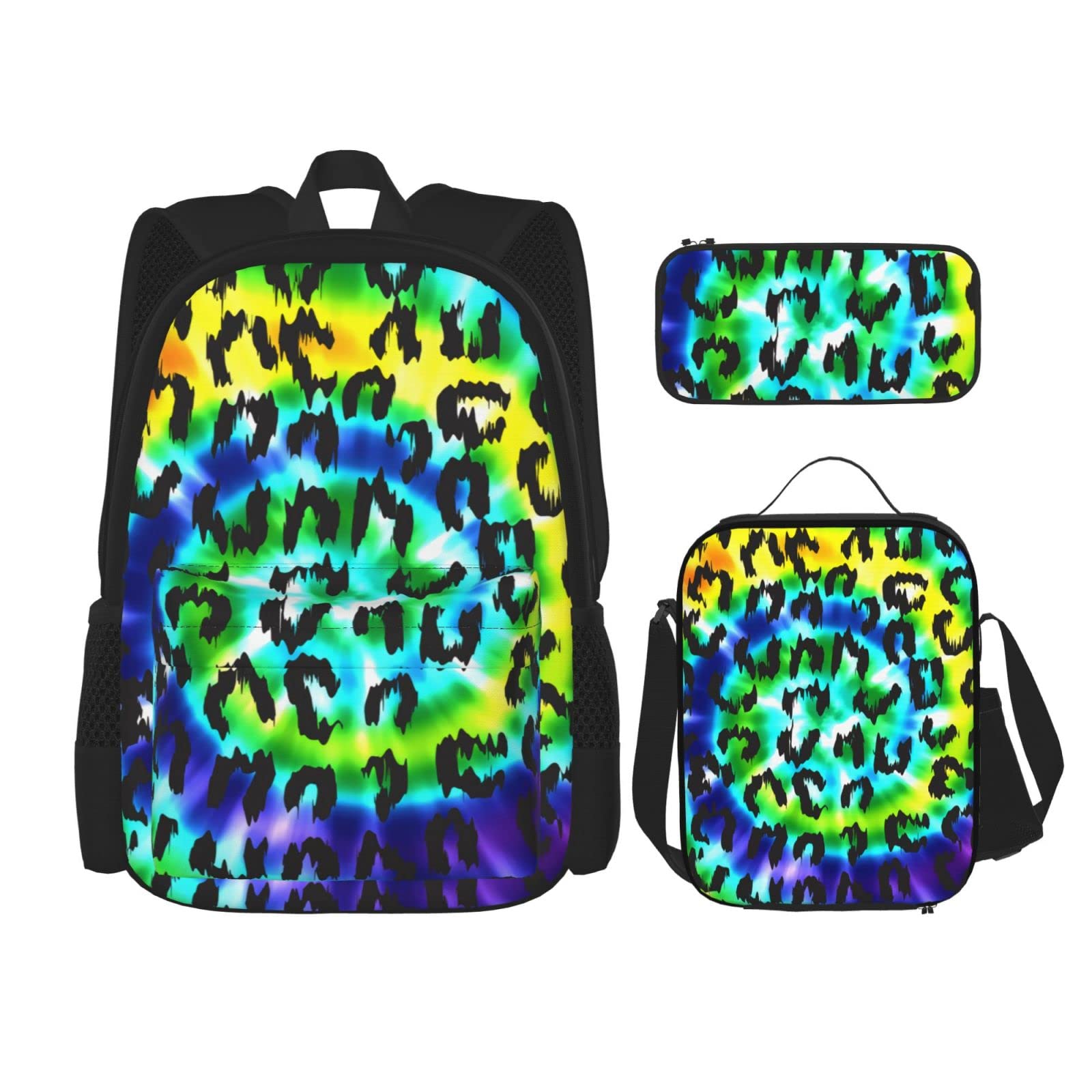 3 PCS Leopard Print Tie-Dye Backpack Set with Lunch Bag & Pencil Case - Durable School Book Bag for Kids, Girls & Boys - Perfect for School, Travel & Outdoor Adventures