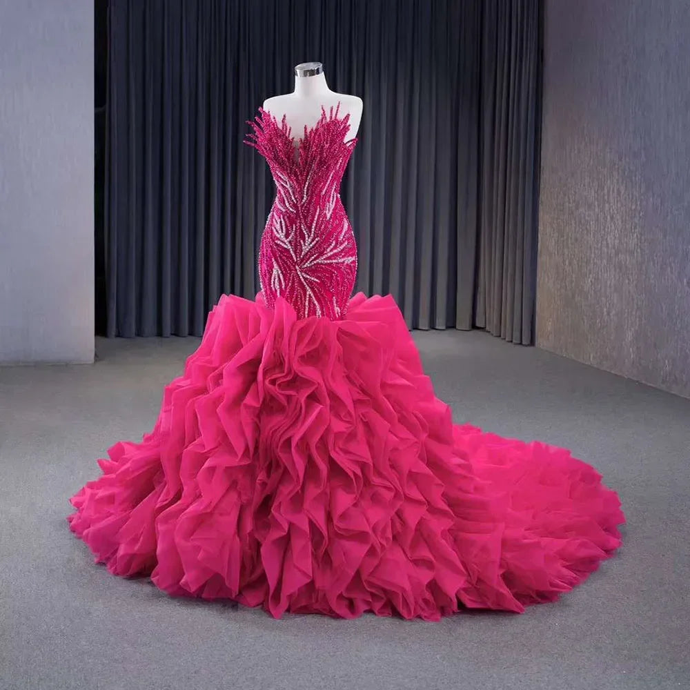 Luxury Fuchsia Lace Up Pearl Beaded Mermaid Wedding Dress - Serene Hill 2025 Custom Made Bride Gown HM231040 | Perfect for Beach Weddings, Formal Ceremonies & Red Carpet Events