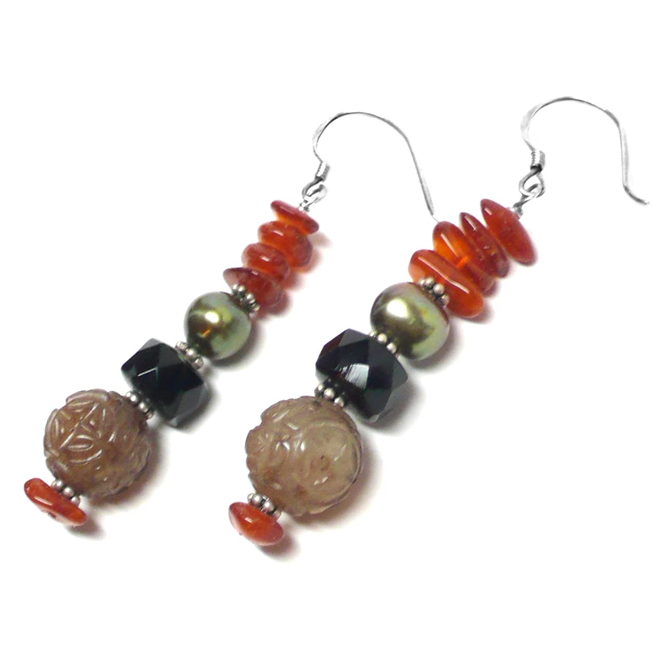Handmade Brown Carved Serpentine Amber Sterling Silver Rustic Dangle Earrings for Women | Boho Chic Jewelry Gift for Birthday, Wedding & Everyday Wear