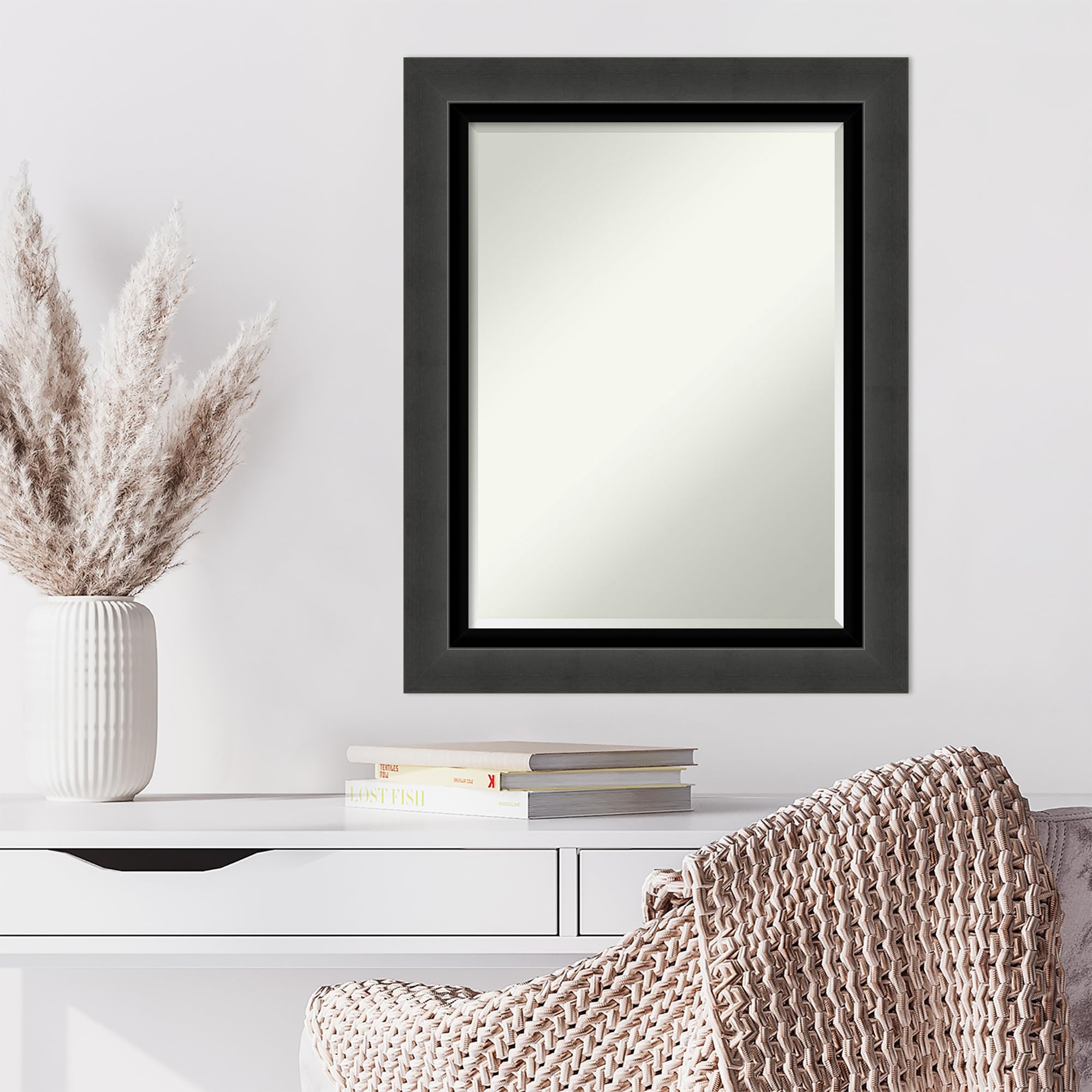 Amanti Art 29x23 Inch Black Rectangle Wall Mirror - Tuxedo Black Frame, Horizontal or Vertical Hanging, Beveled Edge - Perfect for Bathroom Decor, Living Room Wall Art, Bedroom & Entryway - Handcrafted in USA