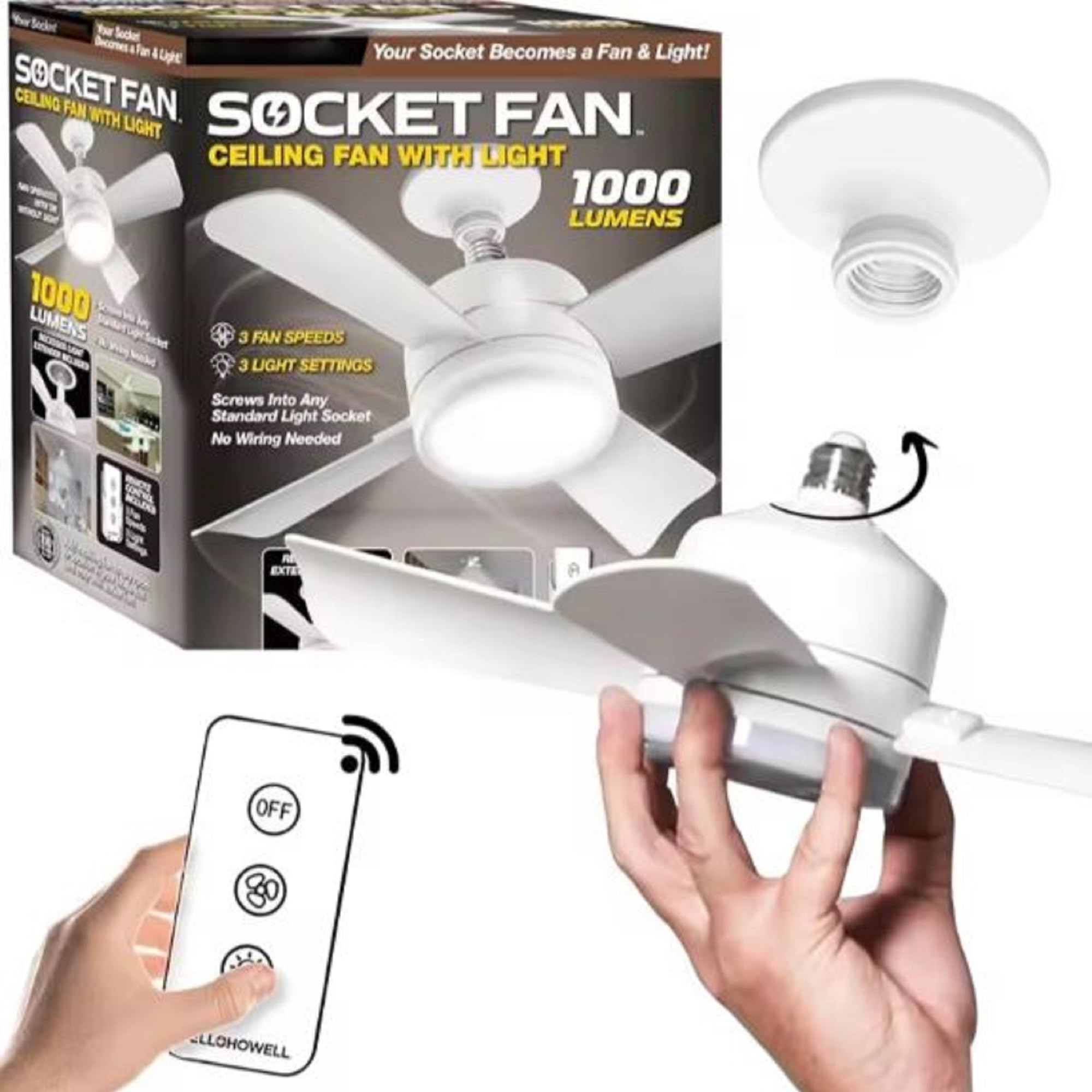 Bright & Cool Socket Fan with Light - Screw-in Ceiling Fan with Remote, 3 Light & 3 Fan Speeds - Perfect for Bedroom, Kitchen, Laundry, Living Room, Bathroom & Hotels - Energy Efficient Cooling & Lighting Solution for Home & Commercial Spaces