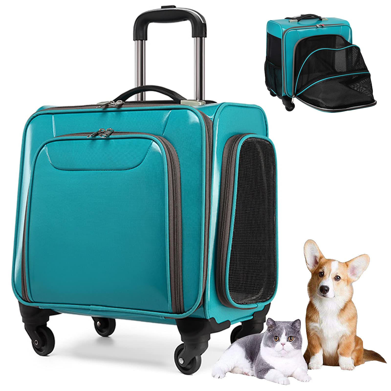 Expandable Pet Rolling Travel Carrier with Wheels - Soft Sided Pet Stroller Bag for Dogs & Cats - Breathable Mesh Ventilation Windows & Telescopic Handle - Perfect for Air Travel, Road Trips & Vet Visits