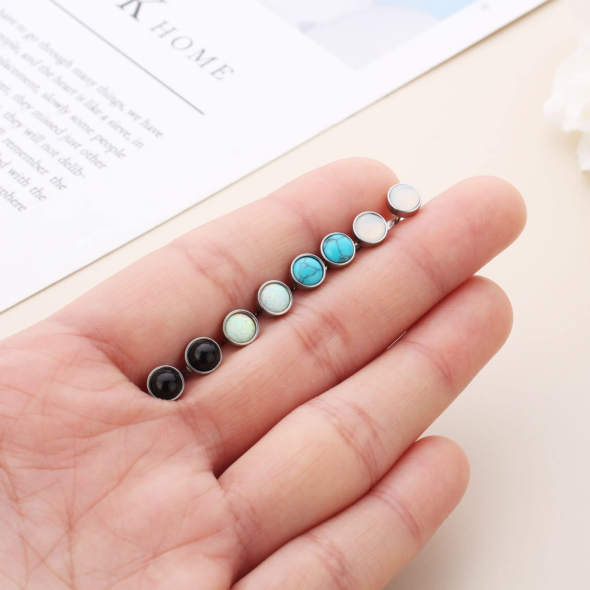ADRAMATA 4 Pairs Stainless Steel Stud Earrings for Women - Moonstone, Turquoise, Opal & Black Onyx Studs | Hypoallergenic Jewelry for Everyday Wear, Gift Giving & Special Occasions
