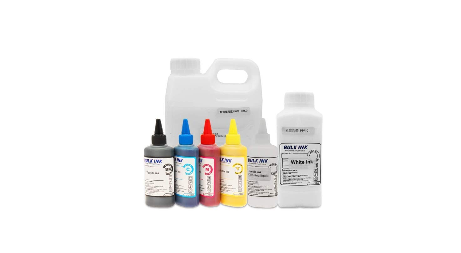 Premium CMYK & White Textile Ink Set with Pretreatment Liquid - Compatible with DTG Flatbed Printers - Perfect for Custom T-Shirt Printing & Fabric Design Projects