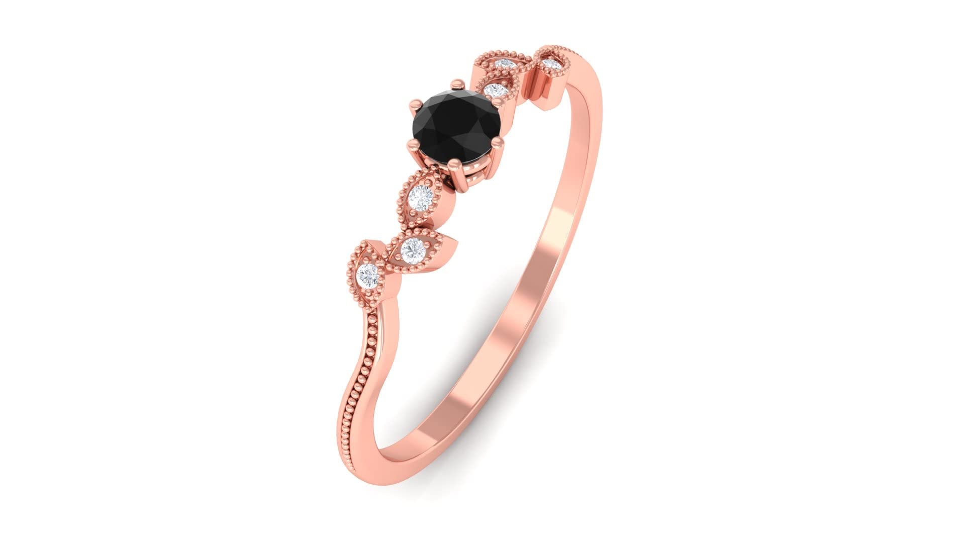 14K Solid Gold Black Spinel & Diamond Promise Ring - Minimalist Gold Leaf Design for Engagement, Wedding & Anniversary Gifts
