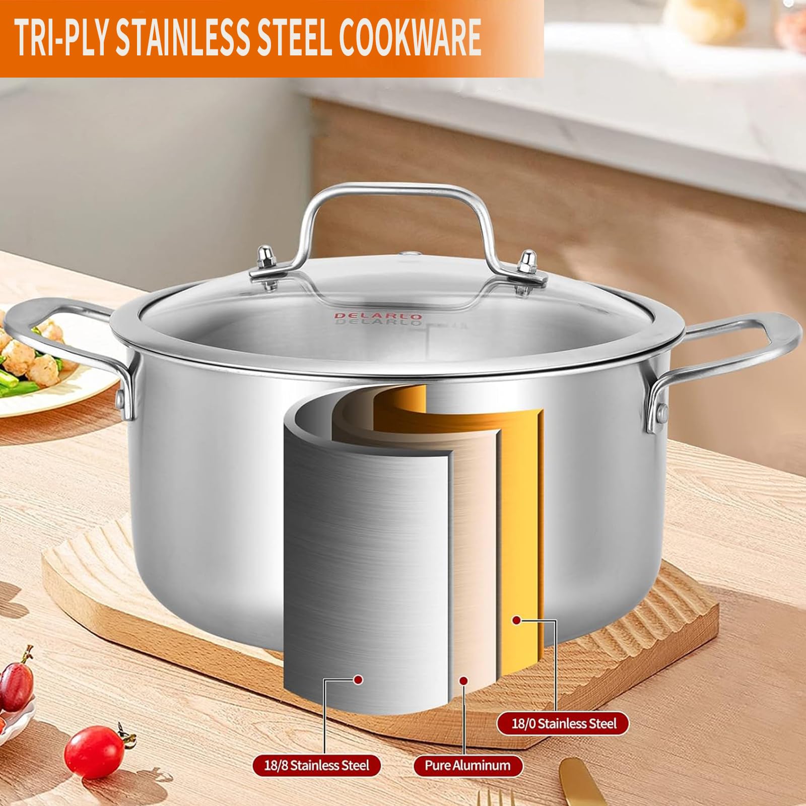 **DELARLO 5 Quart Tri-Ply Stainless Steel Stock Pot with Lid – Heavy Duty Soup & Stew Pot for All Stoves (Up to 600°F) – 20% Fuel Efficient, Fast & Even Heating – Perfect for Soups, Stews, Pasta & Large Family Meals**