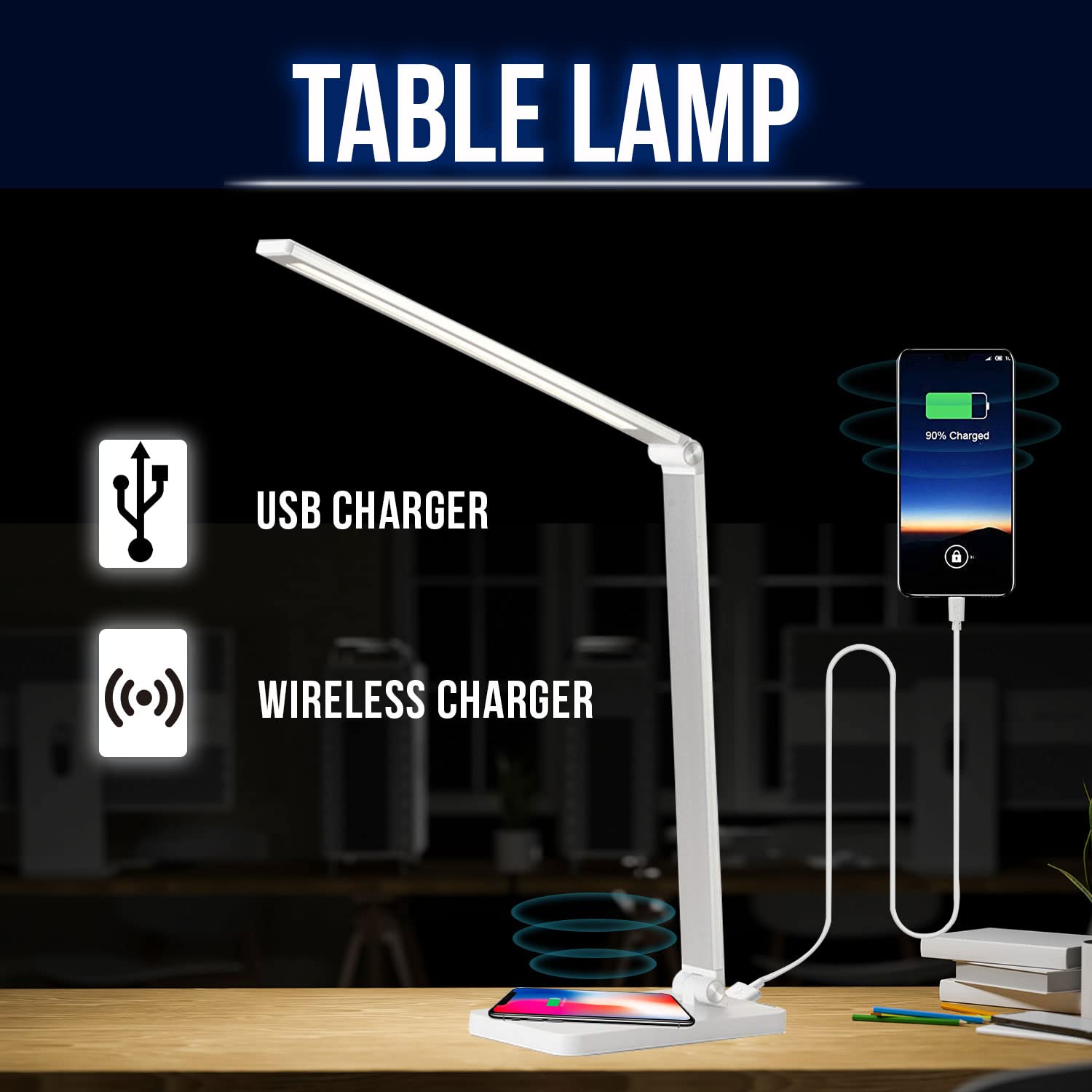 Foldable LED Desk Lamp with Wireless Charger & USB Port - 3 Adjustable Brightness Levels, Eye-Caring Table Light for Home Office, Bedroom, Study & Reading - Perfect for Night Work, Students & Remote Workers