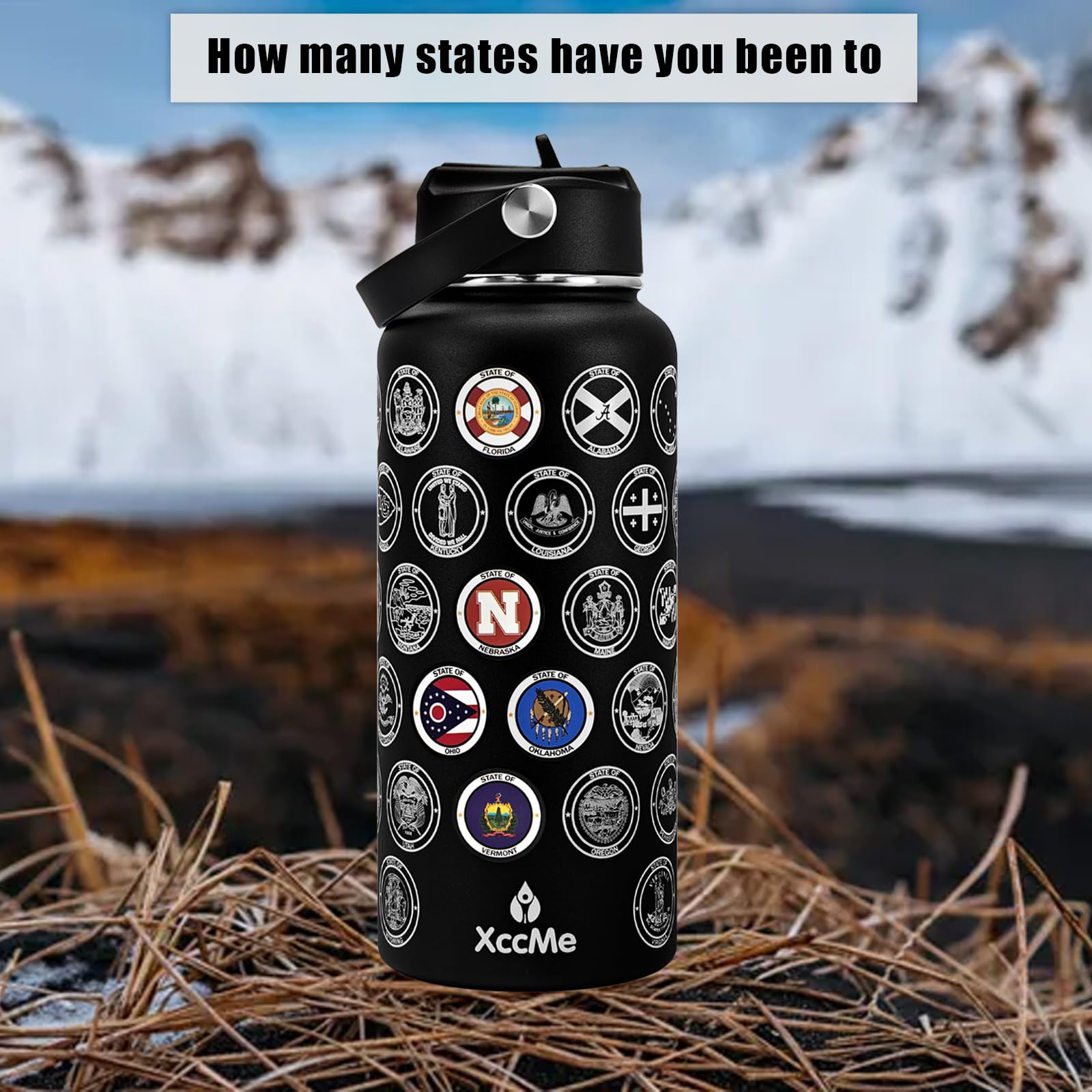 50 States Travel Water Bottle - 32oz Insulated Stainless Steel with 2 Lids, Stickers, Straw & Silicone Boot | Leakproof Vacuum Flask for Hiking, Camping & Road Trips | USA Bucket List Gift Idea (Black)