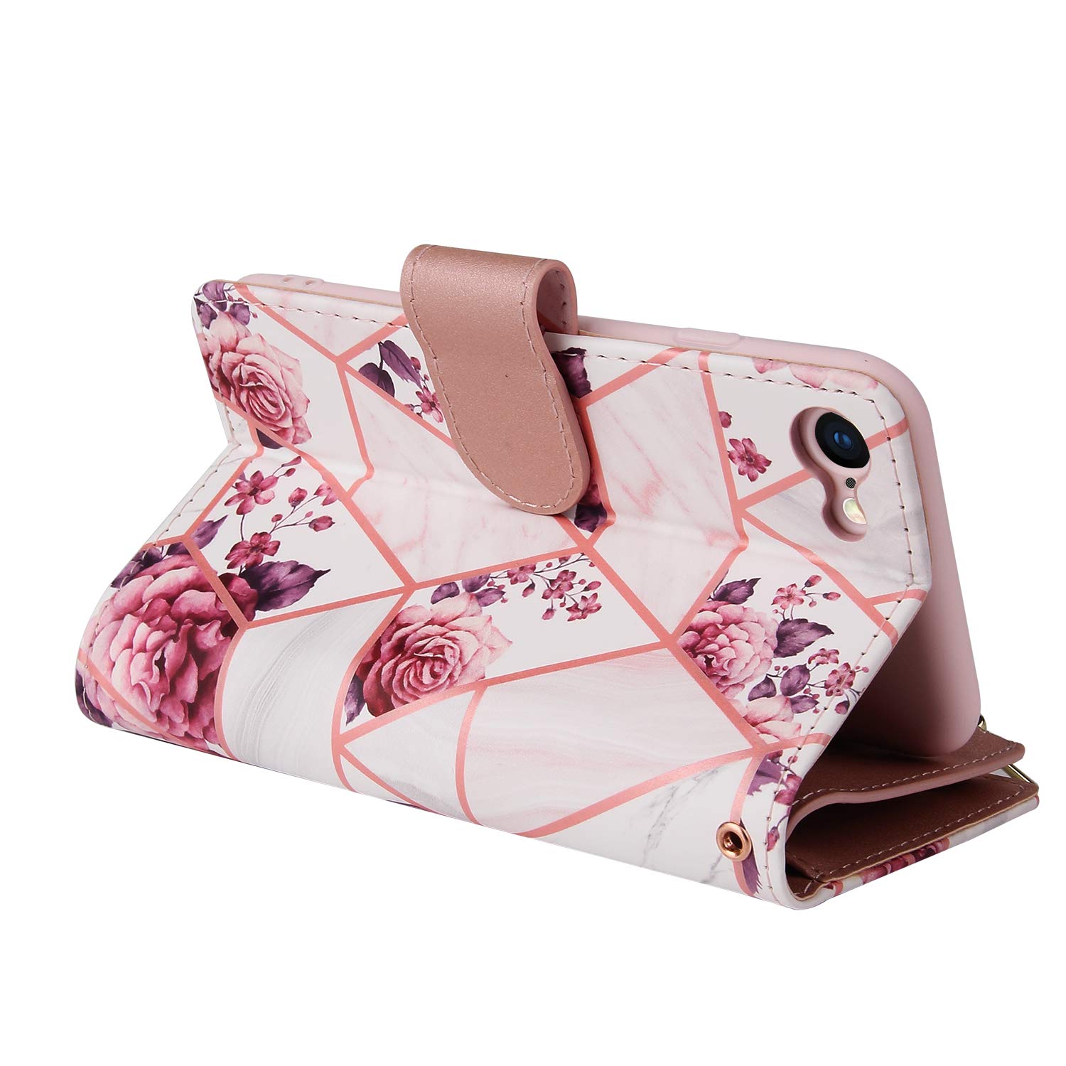 UEEBAI Premium PU Leather Wallet Case for iPhone SE 2022 5G/iPhone 7/iPhone 8/iPhone SE 2020/SE3/SE2 - Magnetic Closure, Zipper Cover, Kickstand & Card Slots (Pink Flower) | Perfect for Daily Use, Travel & Hands-Free Viewing