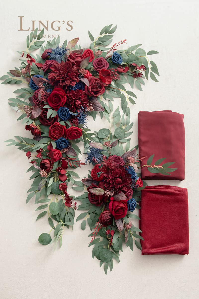 Ling's Moment Burgundy Artificial Wedding Arch Flowers Kit - 4 Pack (2 Hanging Flower Arrangements & 2 Chiffon Drapes) - Fake Rose Arbor Backdrop for Ceremony, Reception, Party & Outdoor Decor