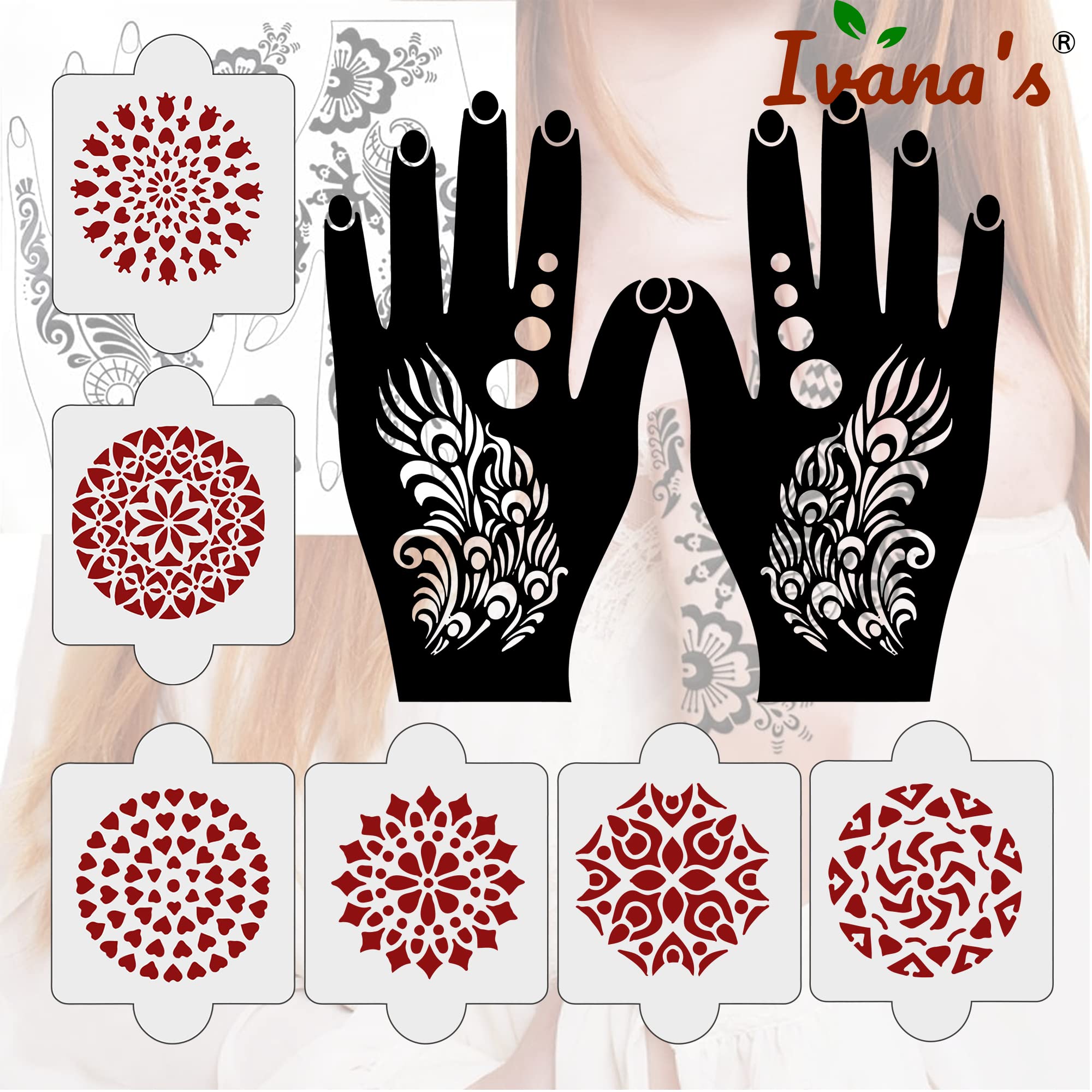 8-Piece Henna Stencil Kit - 2 Henna Tattoo Stencils + 6 Reusable PVC Laser-Cut Stencils | Easy-to-Apply Mehndi Designs for Women, Girls & Kids | Perfect for Weddings, Festivals & DIY Body Art (IVNH-1017)