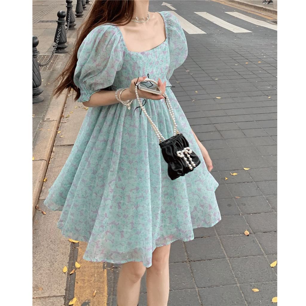 SLATIOM Women's Mini Dress High Waist Puff Sleeve Sundress - Cute Summer Outfit for Students, Streetwear & Casual Wear (Color A, One Size) - Perfect for Beach, Vacation & Daily Fashion