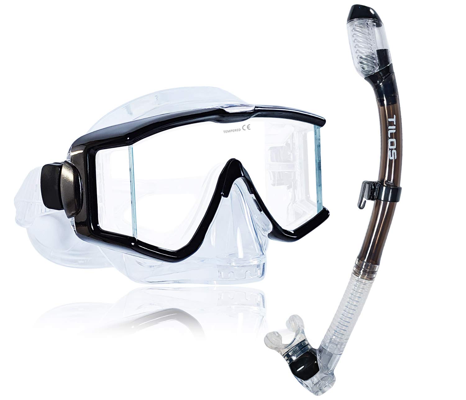 Tilos Panoramic Single Lens Wide View Snorkel Mask Set - Clear Dry Top for Comfortable Underwater Swimming & Snorkeling Adventures