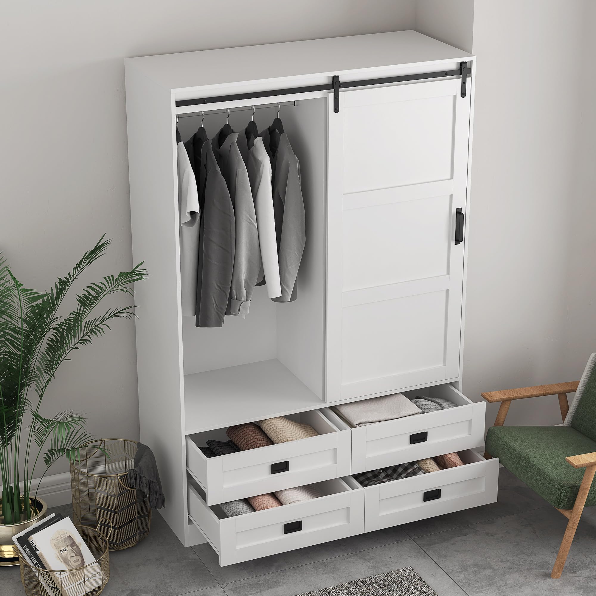 Tall Armoire Wardrobe Closet for Bedroom - Freestanding Wooden Clothing Storage Cabinet with Hanging Rod, Barn Doors, Drawers & Open Shelves - White (Style 1) - Perfect for Master Bedroom, Guest Room or Walk-in Closet Organization