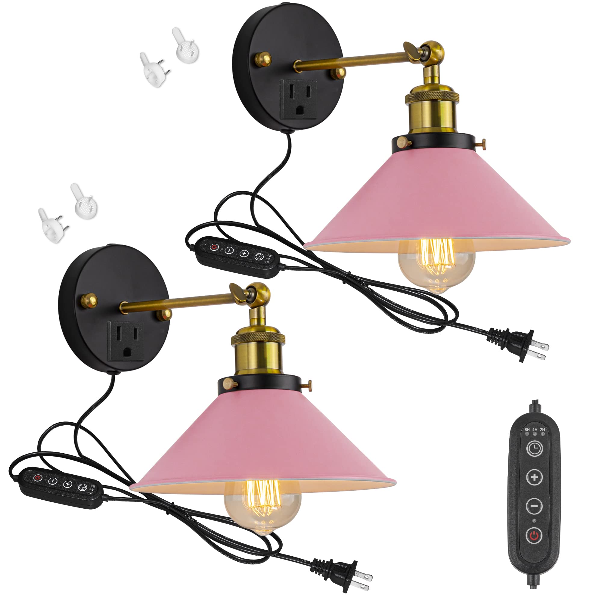 Vintage Pink Metal Wall Sconce with 3-Prong Outlet - Dimmable Adjustable Angle Plug-in Wall Light Fixture (5.9ft Cord) - Set of 2 for Bedroom, Dresser, Nightstand, Living Room, Hallway & Home Decor Lighting