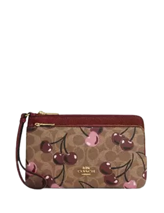 Coach Double Zip Wallet in Signature Canvas with Cherry Print - Stylish & Functional Women's Wallet for Everyday Use, Travel & Gifting