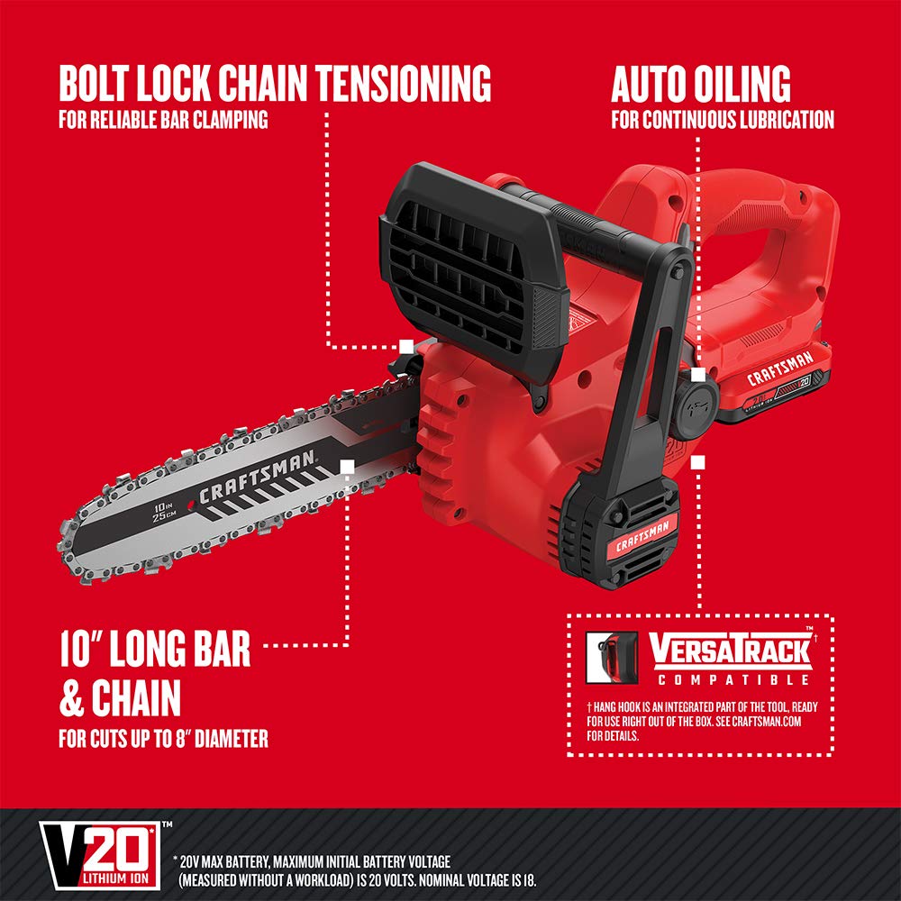 CRAFTSMAN V20 10-Inch Cordless Mini Chainsaw with Battery & Charger (CMCCS610D1) - Perfect for Tree Trimming, Yard Maintenance & DIY Wood Cutting Projects