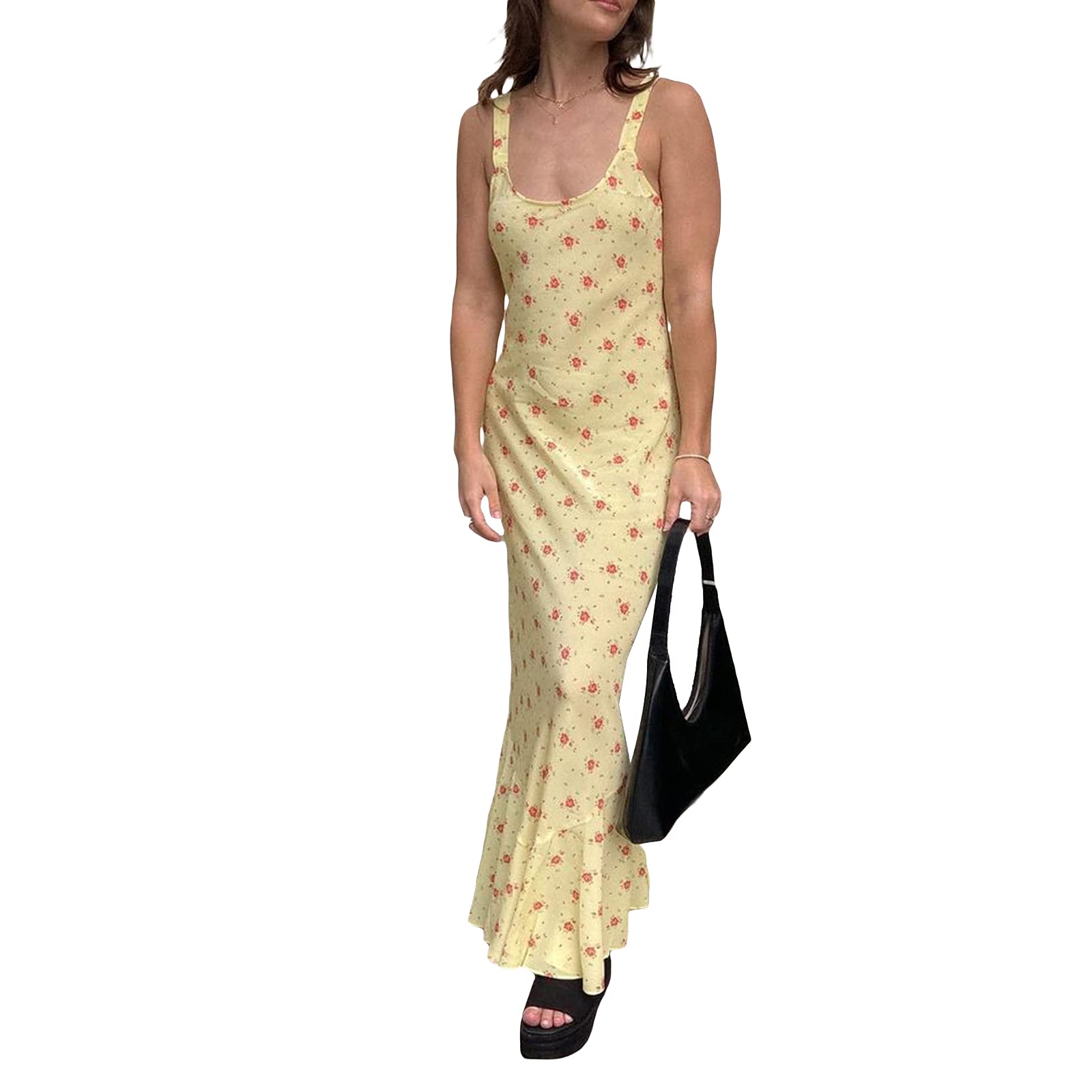 Women's Summer Boho Floral Print Maxi Dress - Spaghetti Strap Bodycon Backless Long Dress with Side Slit | Perfect for Beach Vacation, Music Festival & Date Night Outfits