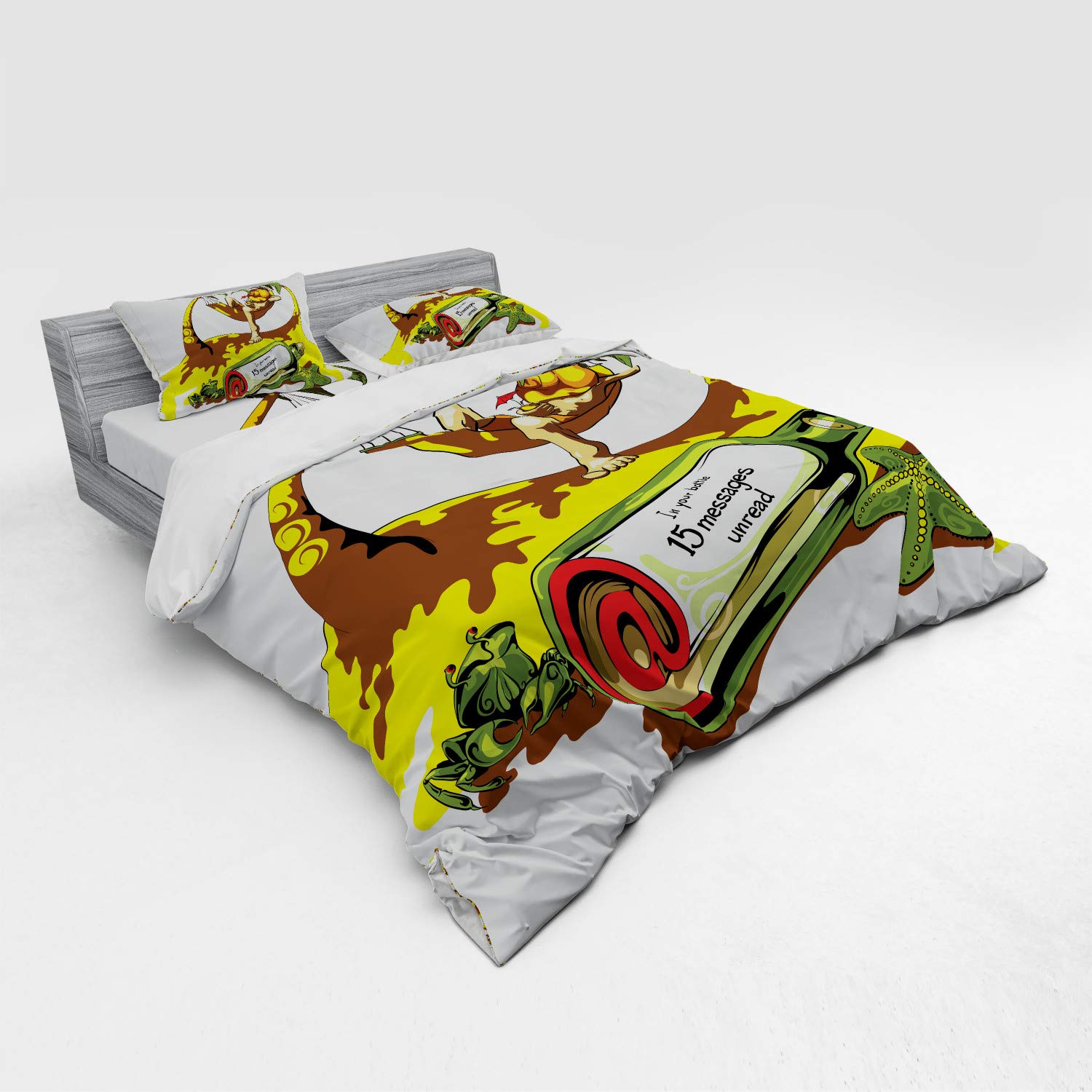 Ambesonne 4-Piece King Size Beach Duvet Cover Set - Tropical Hammock & Message in a Bottle Design, White Green Yellow Bedding with Shams & Fitted Sheet | Perfect for Coastal, Vacation Home or Summer Themed Bedrooms