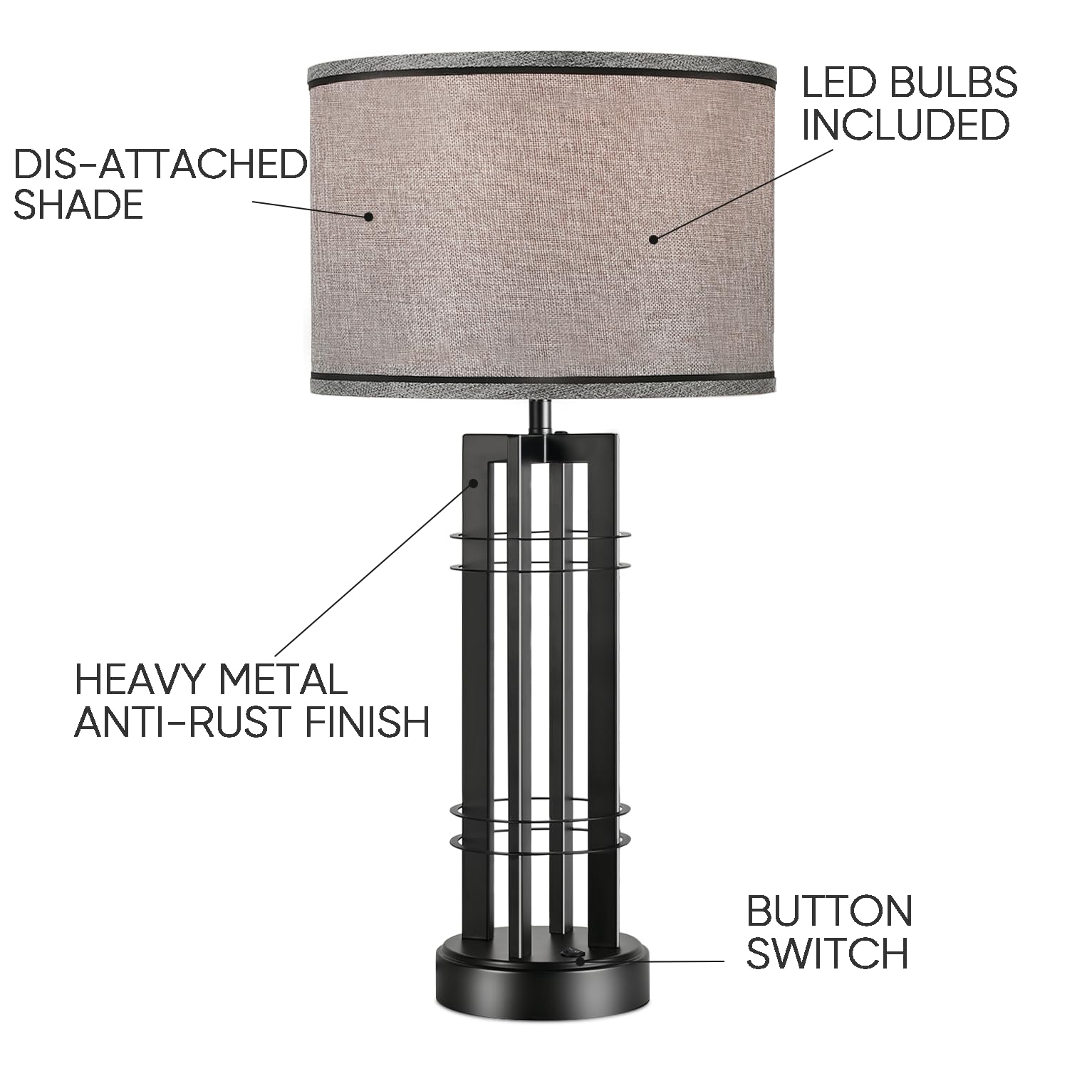 27in Tall Farmhouse Rustic Table Lamps Set of 2 - Button Control Side Table Lamps in Black & Grey for Living Room, Bedroom, Nightstand & End Table - Perfect for Cozy Home Decor & Ambient Lighting (2025 New)