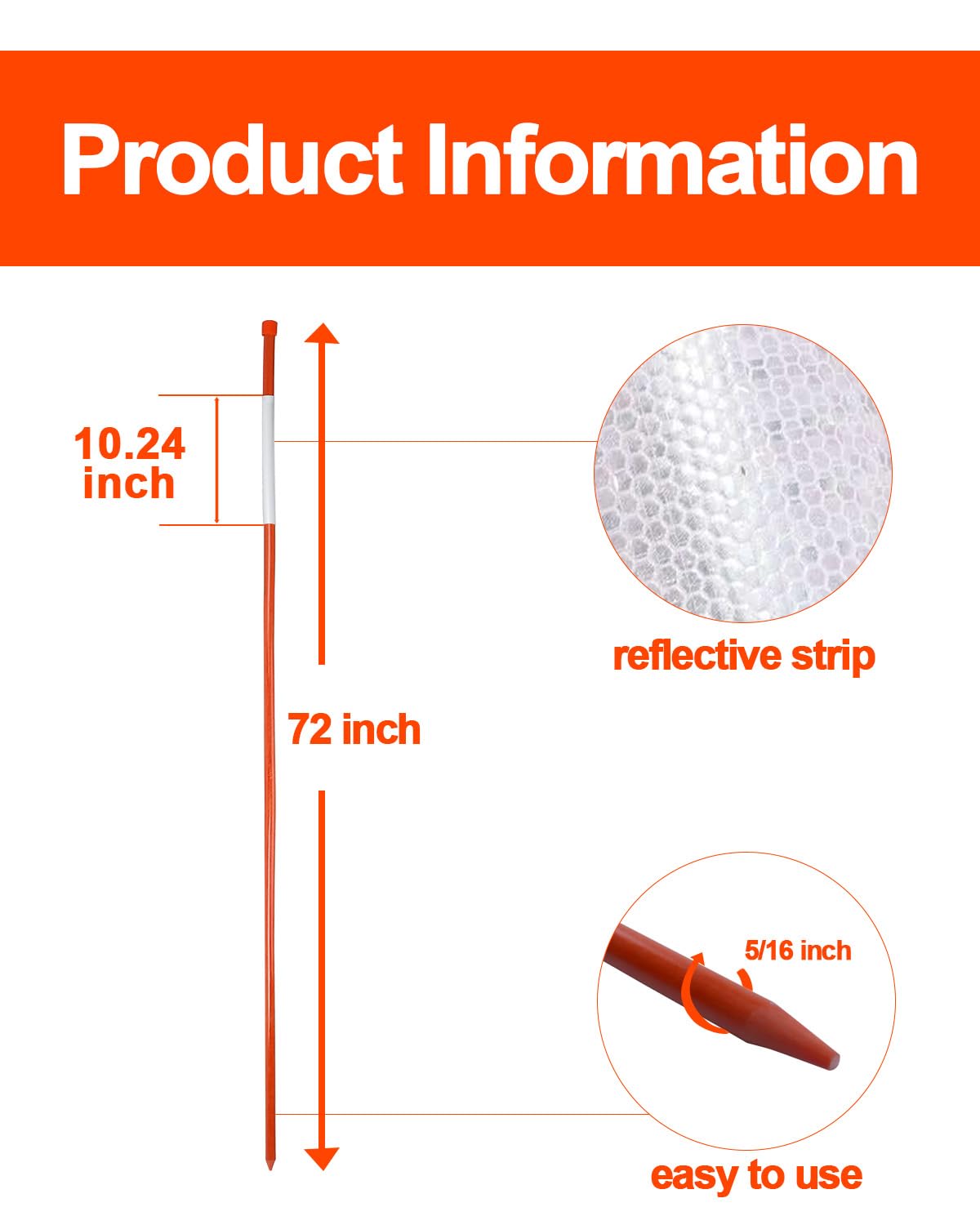 100 Pcs Driveway Reflective Safety Markers - 72 Inch Snow Stakes with High Visibility Reflective Tape, 5/16 Inch Diameter Snow Pole Stakes for Parking Lots, Home Driveways & Roadside - Winter Safety Markers for Snow Removal, Property Boundaries & Night Visibility