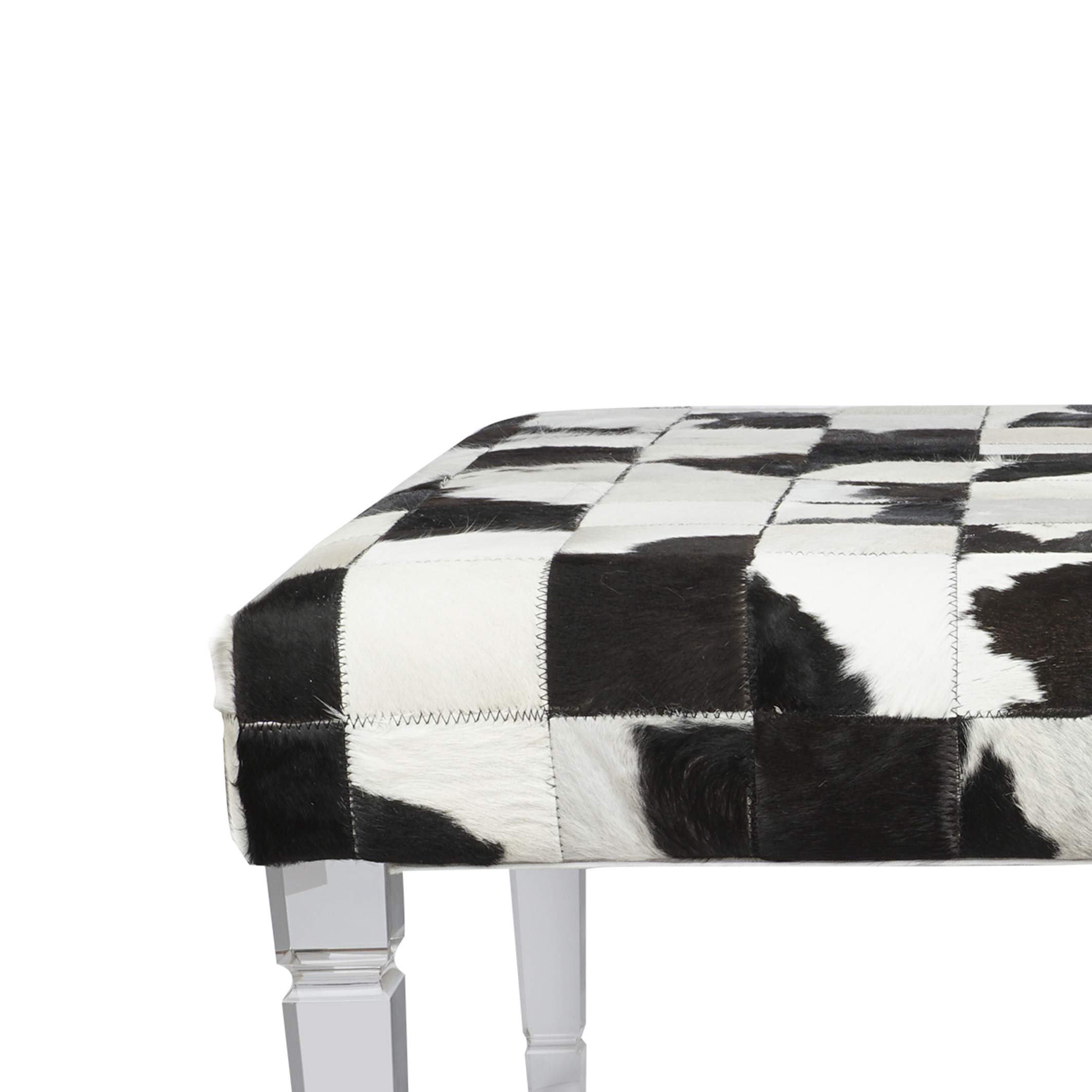 Benjara BM200865 White & Black Cow Hide Upholstered Bench with Acrylic Legs - Stylish Entryway, Bedroom or Living Room Seating
