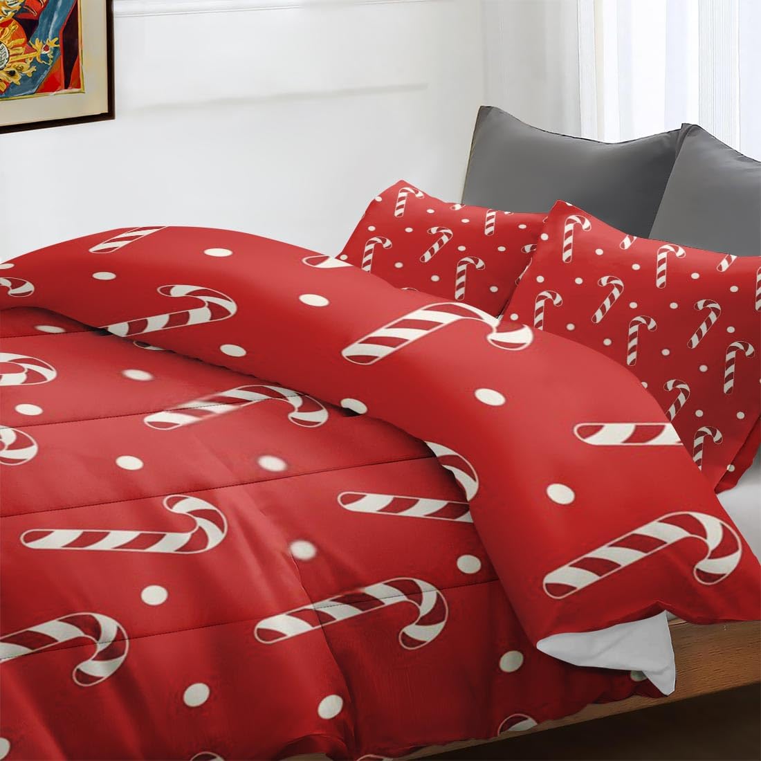 Christmas Red Cream Polka Dot Comforter Set Queen Size - Soft Xmas Candy Bedding Set for Kids & Adults with 2 Pillowcases - Perfect for Holiday Bedroom Decor & Cozy Winter Nights