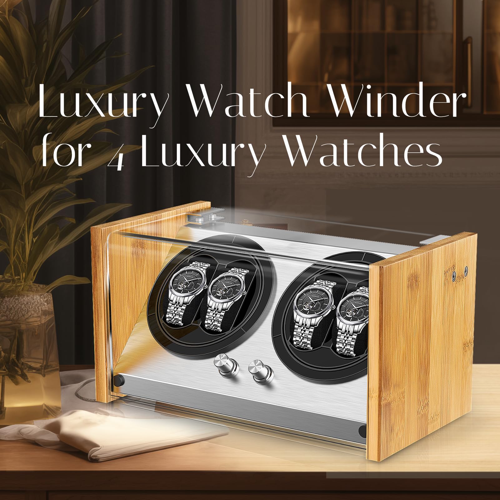 Premium Watch Winder for 4 Automatic Watches - Bamboo Wooden Storage Box with Ultra Quiet Japanese Motor | 4 Rotation Modes & Timer Settings | Perfect for Watch Collectors & Luxury Timepiece Storage (Home/Office/Travel Use)