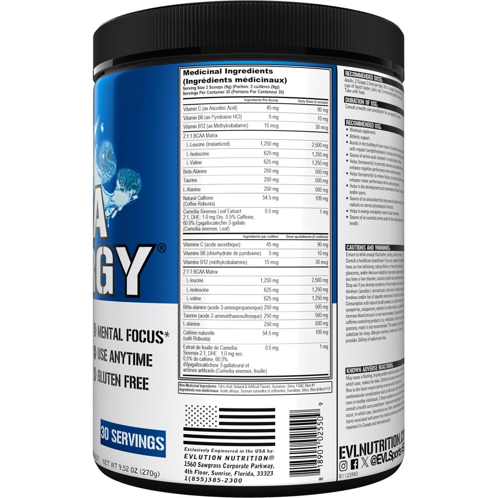 EVLUTION NUTRITION BCAA Powder - Pre Workout Supplement for Energy, Focus & Muscle Recovery | Blue Raspberry Flavor | Supports Protein Synthesis & Post Workout Recovery | Ideal for Gym, Fitness & Bodybuilding Training