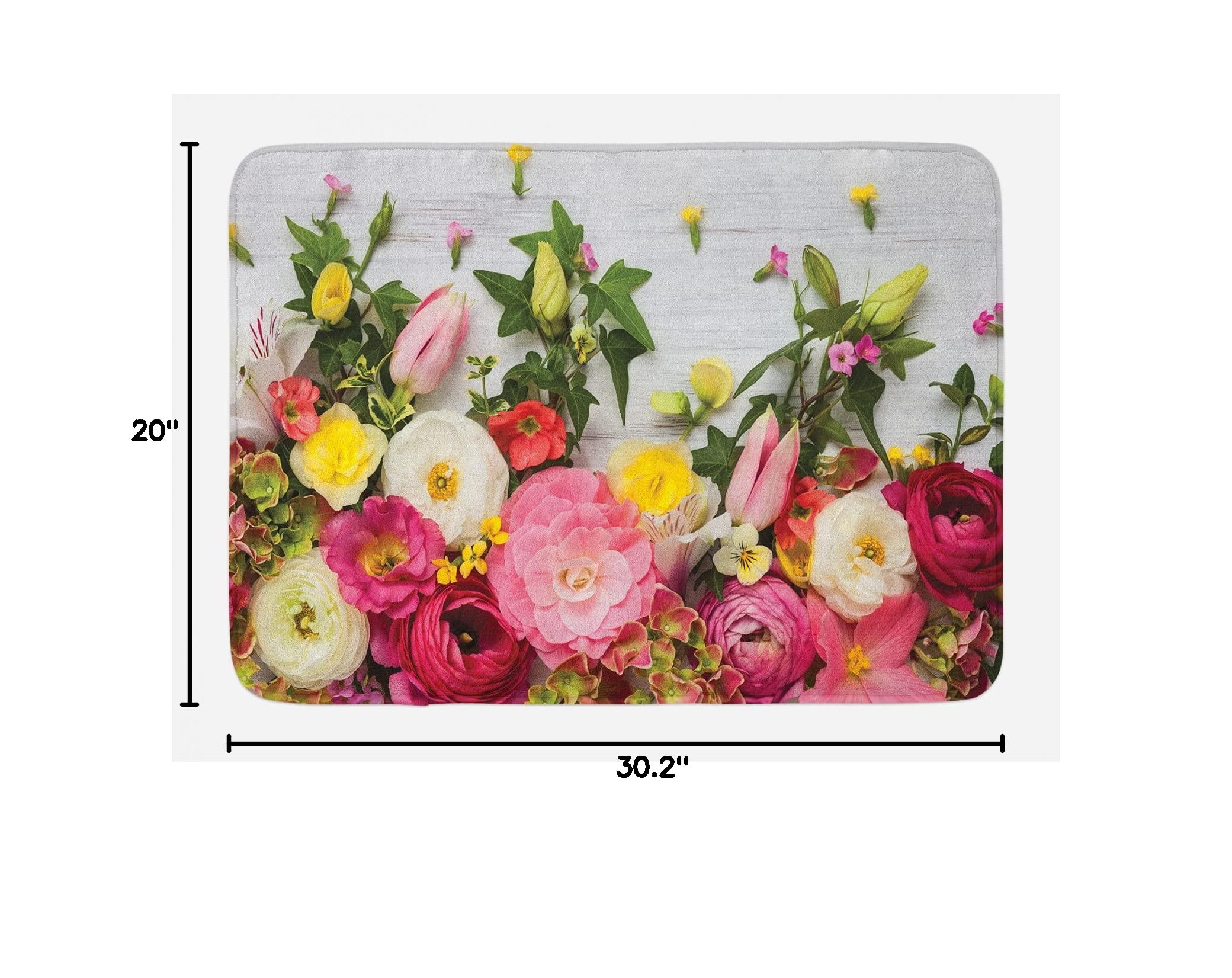 Ambesonne Rustic Floral Bath Mat - Non-Slip Plush Bathroom Rug with Ranunculus Flower Design on Wood Backdrop, 29.5