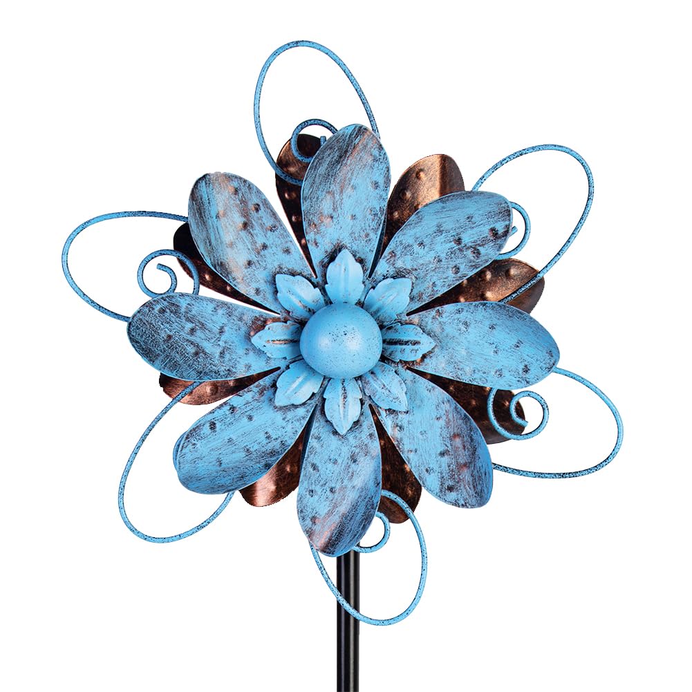 Metal Wind Spinners for Outdoor Decor - Blue Flower Garden Pinwheels & Wind Sculptures for Yard, Lawn, Patio | Perfect for Garden Decoration, Backyard Ornament, and Outdoor Party Decor