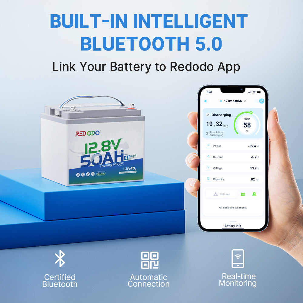 Redodo 12V 50Ah Deep Cycle Lithium Battery with Bluetooth for Trolling Motors (Up to 70lb Thrust) - Perfect for Kayak Fishing, Boat Trolling, and Marine Applications