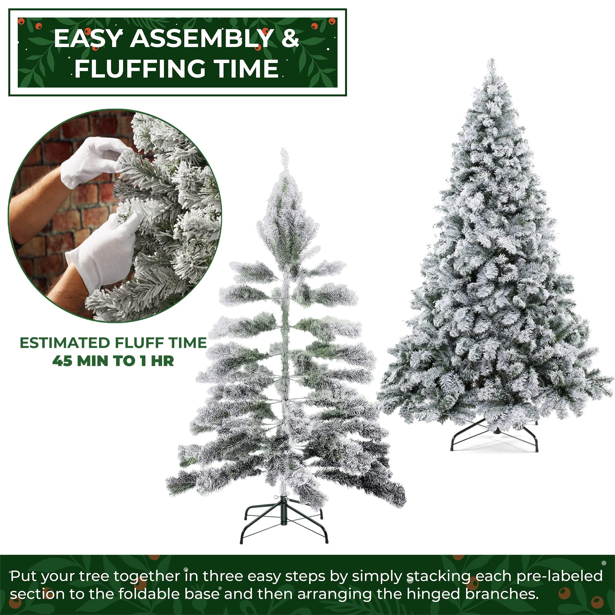 Casafield 7.5FT Realistic Snow-Flocked Pine Artificial Christmas Tree with Sturdy Metal Stand - Perfect for Holiday Home Decor, Office Party & Festive Celebrations