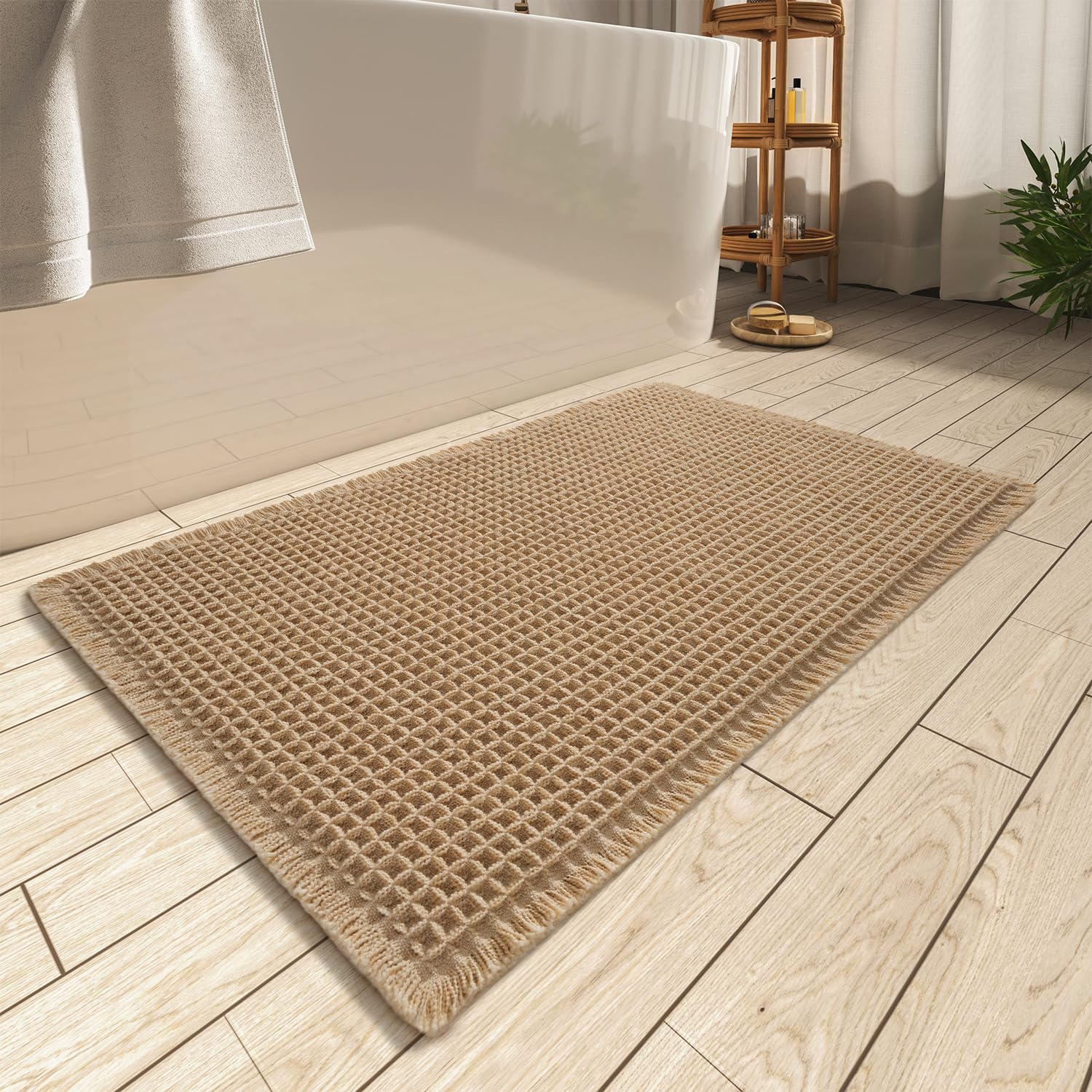 AMOAMI Upgraded Waffle Bath Mat - Super Absorbent Non-Slip Bathroom Floor Mat with Rubber Backing | Ultra Soft Machine Washable Tassel Rug (18