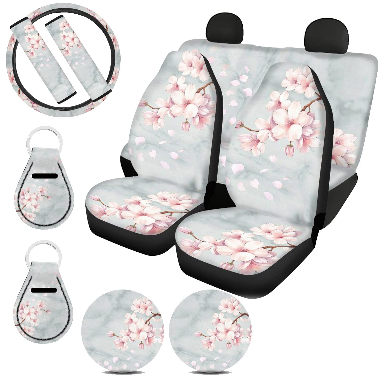 BYCHECAR Cherry Blossom Car Seat Covers Full Set for Women - Marble Print Steering Wheel Cover, Seat Belt Covers, Keychain & Coasters - Universal Fit for SUV, Sedan, Truck (Front/Rear Seats) - Perfect for Spring Decor & Gift Giving