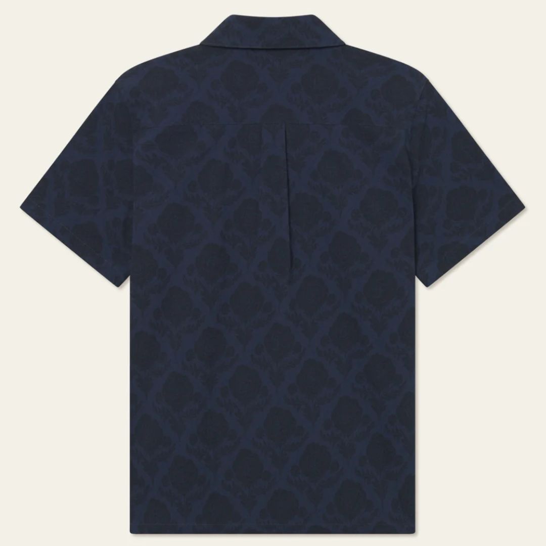 Navy Lesley Floral Tile Print All Over Pattern Short Sleeve Shirt for Women - Casual Summer Tops, Beach Outfits & Boho Style Fashion