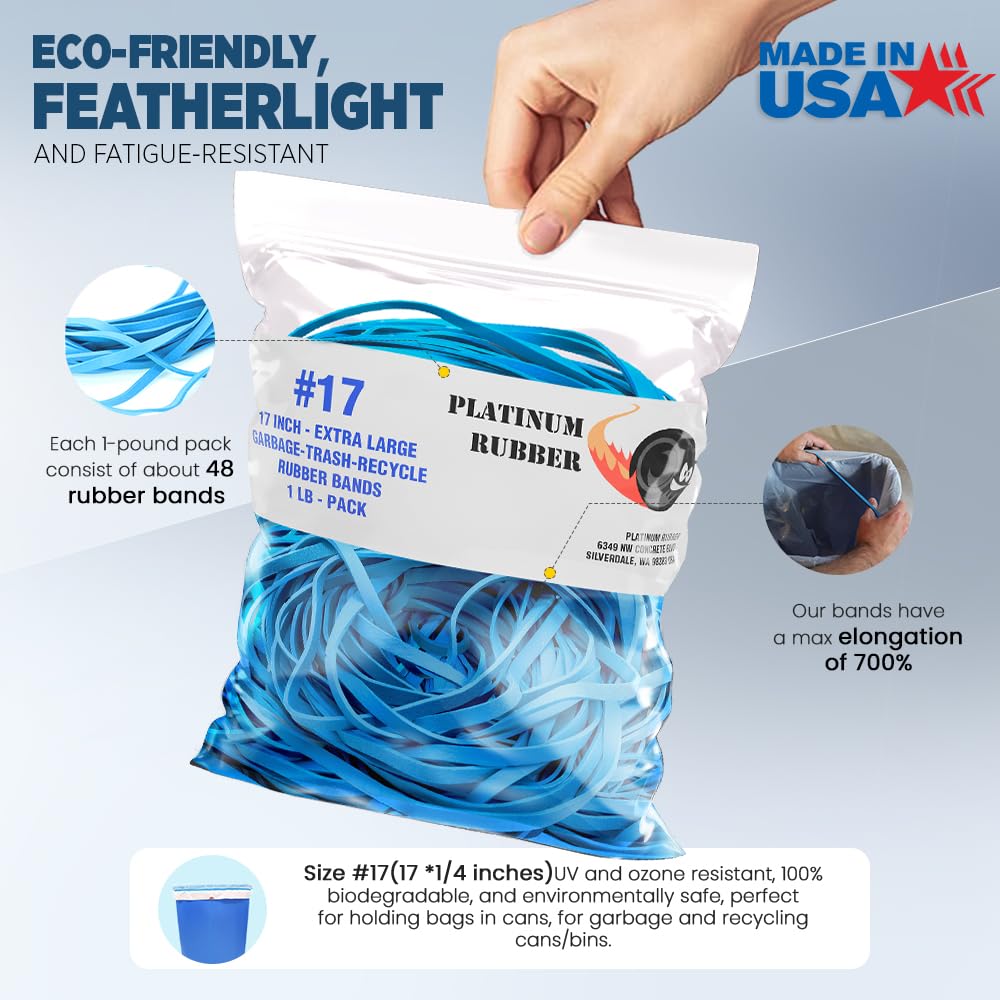 Large 17-Inch Blue Rubber Bands for Trash Cans - Heavy Duty Garbage Bag Holders for 55-100 Gallon Totes, Compactors & Drums (1 LB Pack of 46-49 Bands) - Perfect for Kitchen, Yard Waste & Commercial Use