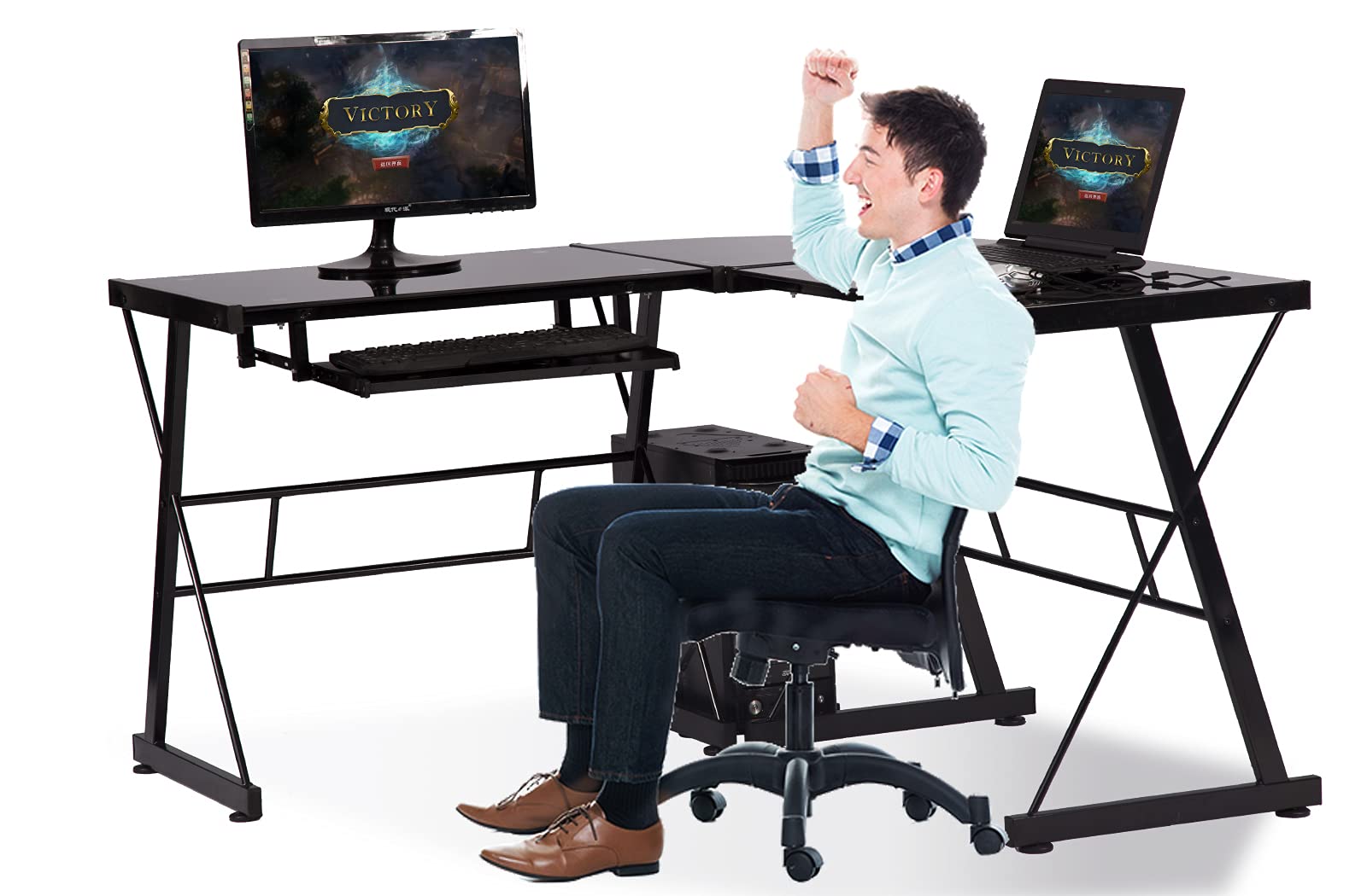 Premium L-Shaped Glass Gaming Desk with Keyboard Tray & CPU Stand - Modern Black Corner Computer Workstation for Home Office, Study & PC Gaming | Perfect for Small Spaces & Multi-Monitor Setups