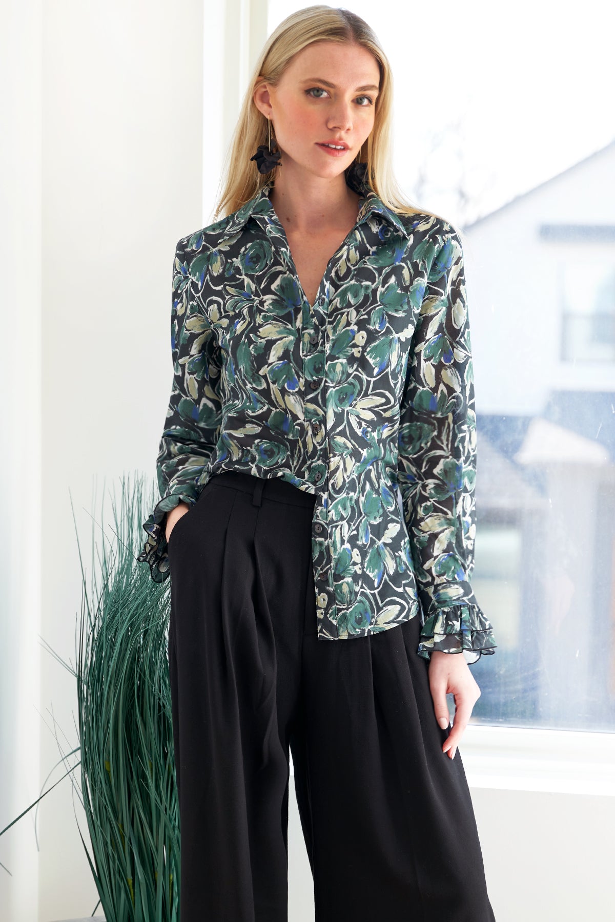 Marianne Shirt Wintergreen Foliage Print - Stylish Floral Blouse for Women | Perfect for Office, Date Night & Casual Outings
