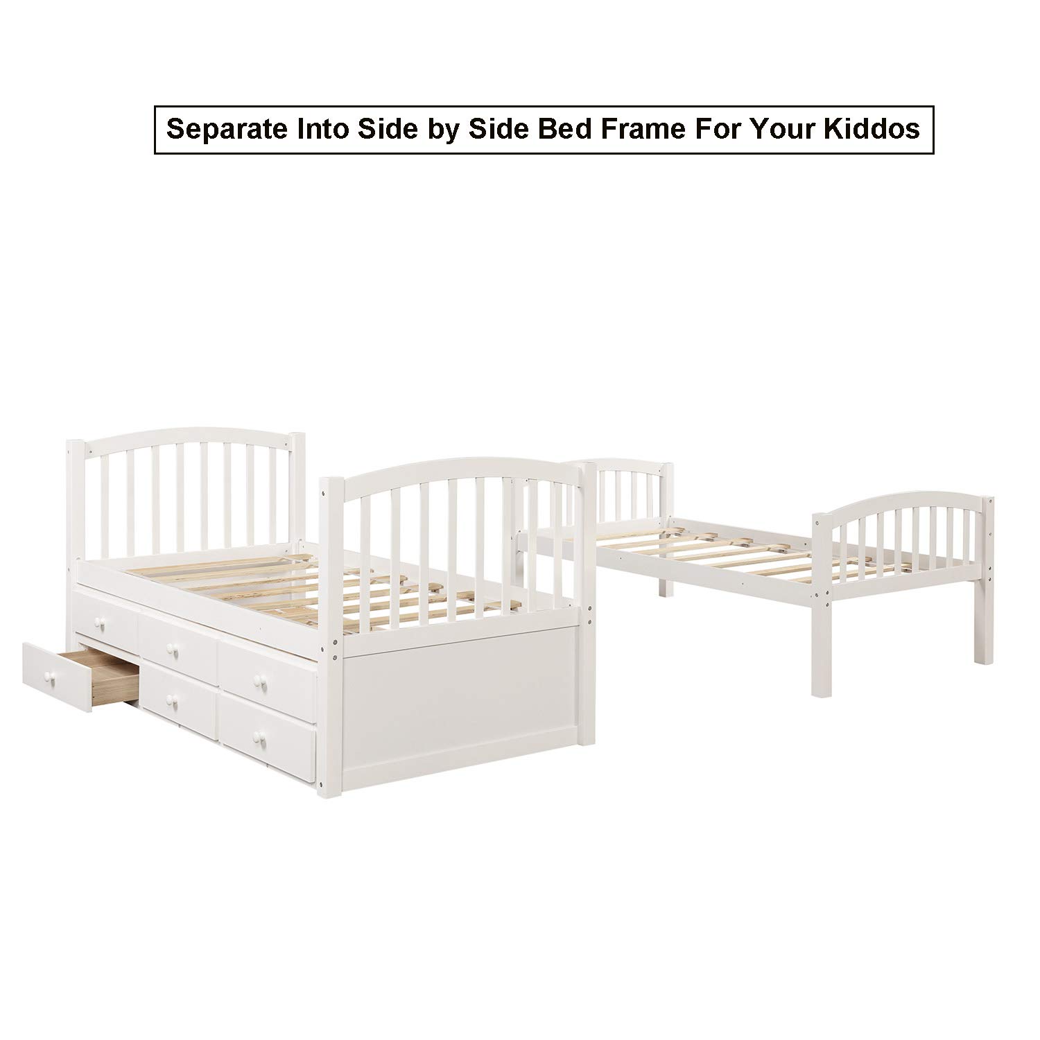 JULYFOX Twin Over Twin Pine Wood Bunk Bed with Ladders, Trundle & Drawers - Full Length Guard Rails, No Box Spring Needed - 3 Bed Frames for Kids, Teens & Small Spaces - White - Perfect for Shared Kids' Rooms, Sleepovers & Space-Saving Bedroom Solutions