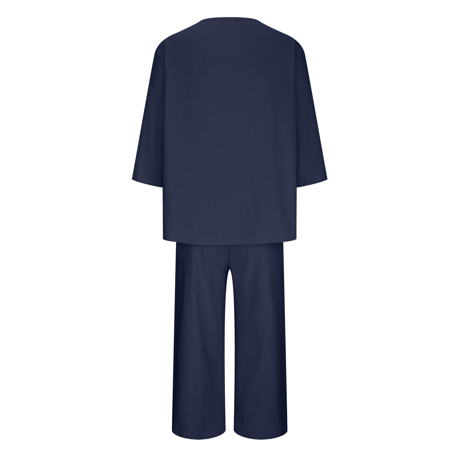 Oelaio 2024 Women's Plus Size Summer 2-Piece Outfit - Cotton Linen 3/4 Sleeve Shirt & Wide Leg Pants Lounge Set - Solid Color Trendy Travel Vacation Outfit for Beach, Casual Wear & Relaxing at Home