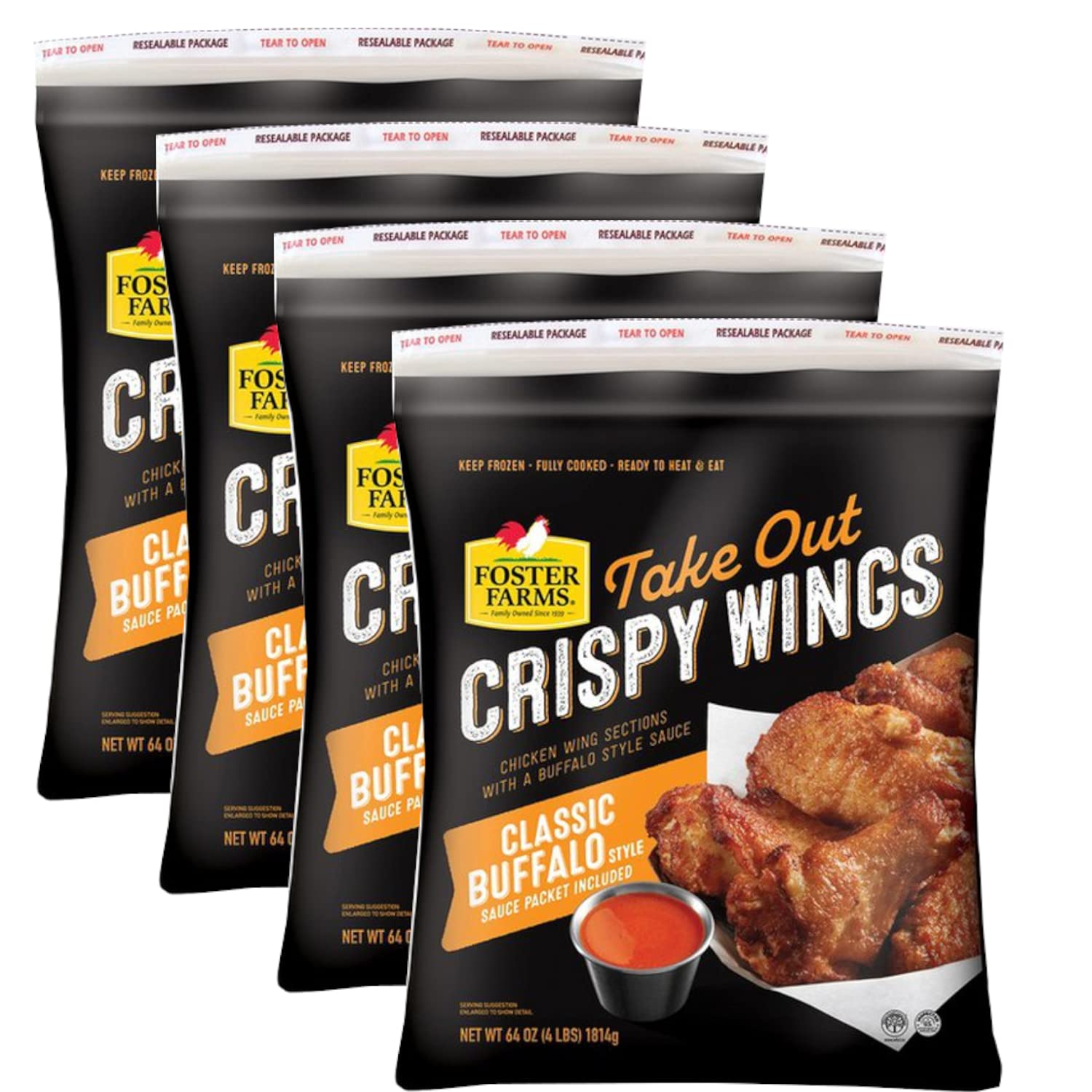 Foster Farms Classic Buffalo Chicken Wings - Crispy, Meaty & Delicious with Buffalo Sauce (4 Pack) | Perfect for Game Day, Parties & Snacking