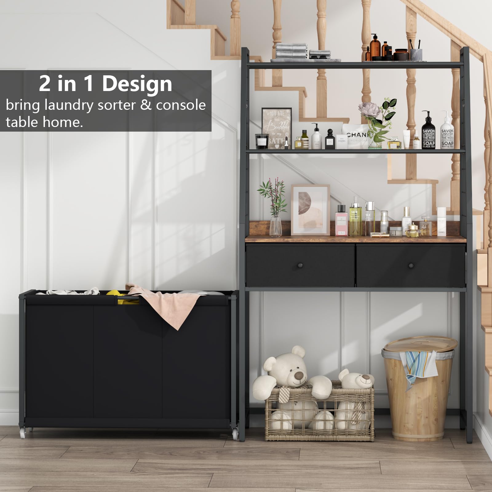 3-Section Rolling Laundry Hamper with 2-Tier Storage Shelf & 2 Drawers - Foldable Clothes Sorter Organizer for Bedroom, Bathroom & Laundry Room - Perfect for Home Organization & Space Saving