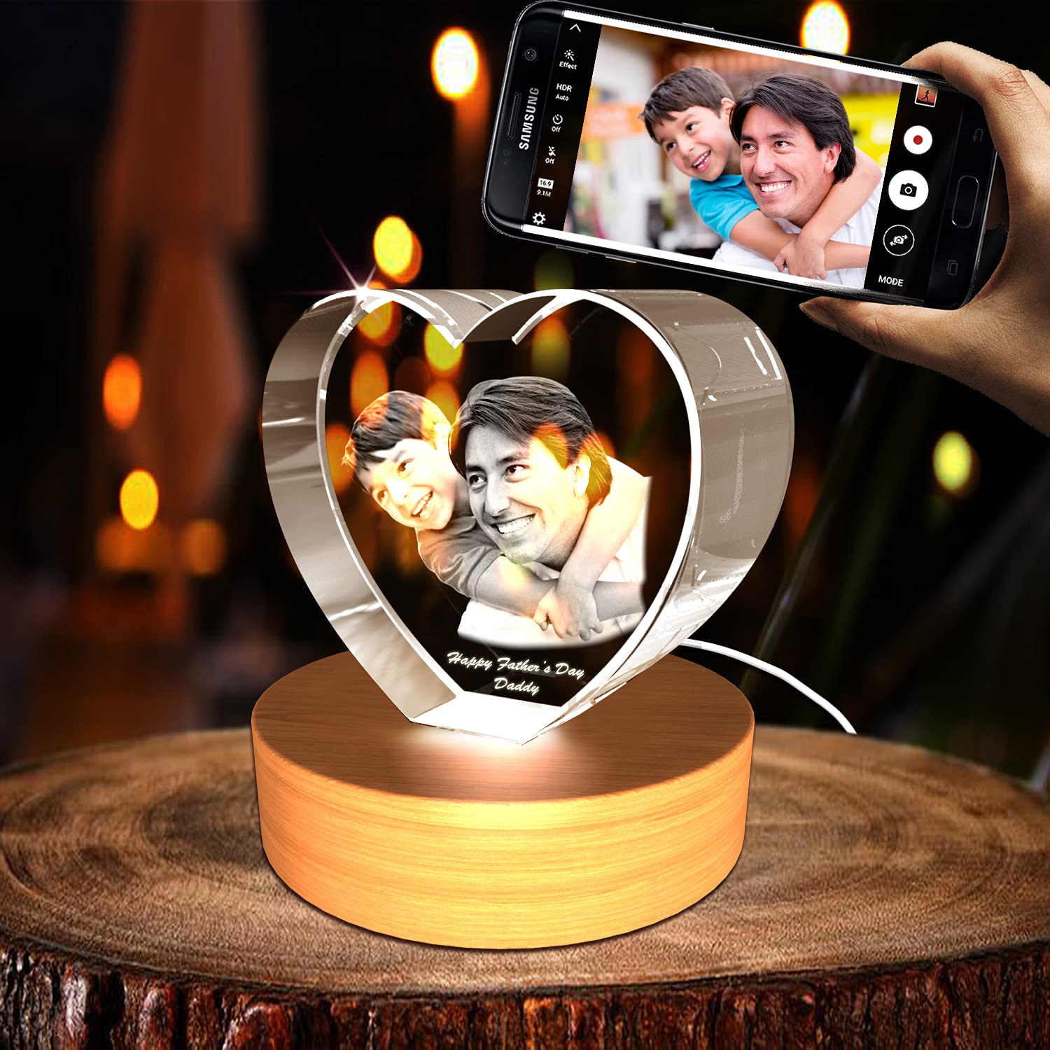 Personalized Father's Day 3D Engraved Crystal Photo Gift with Small Heart - Customized Keepsake for Dad's Birthday, Anniversary & Special Occasions - Perfect Home & Office Desk Decor